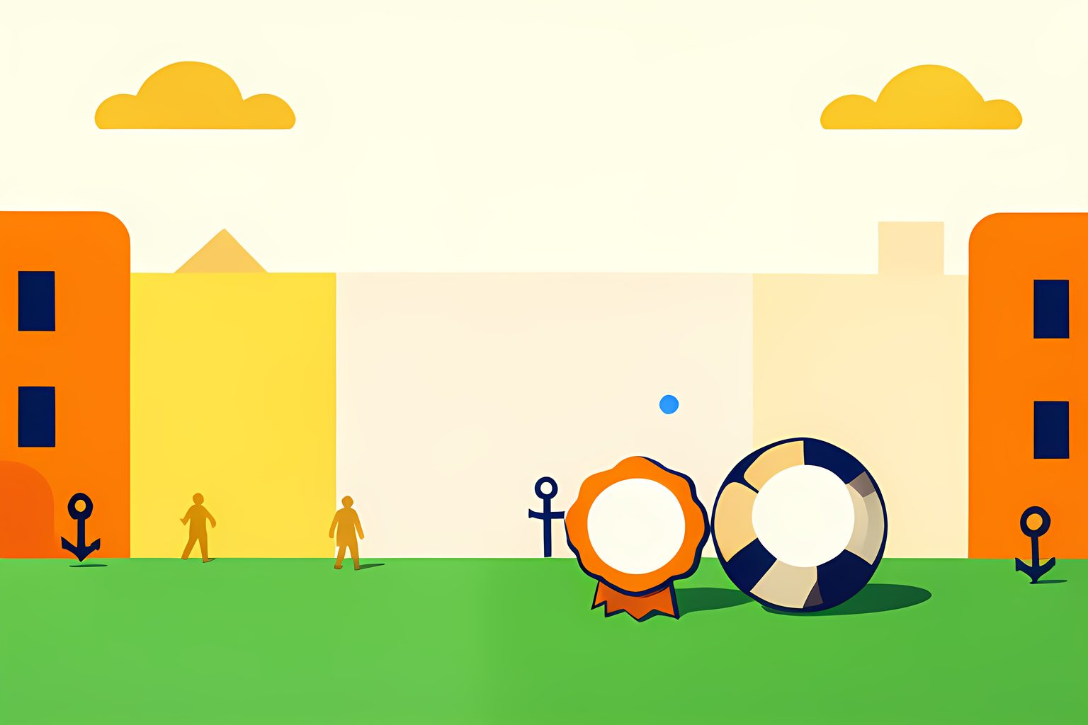 A sunny, text-free wide scene of a generic football pitch meeting a warm cream city square, with three blank round archival seals on a low wall and no people or logos.