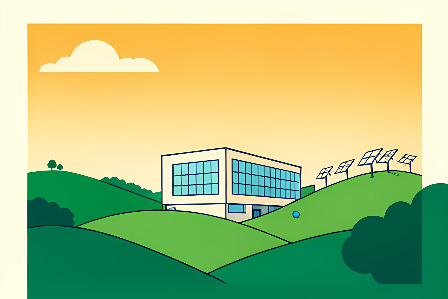 A wide sunlit landscape on warm cream showing a clean, geometric modern data center nestled among green rolling hills under a bright open sky
