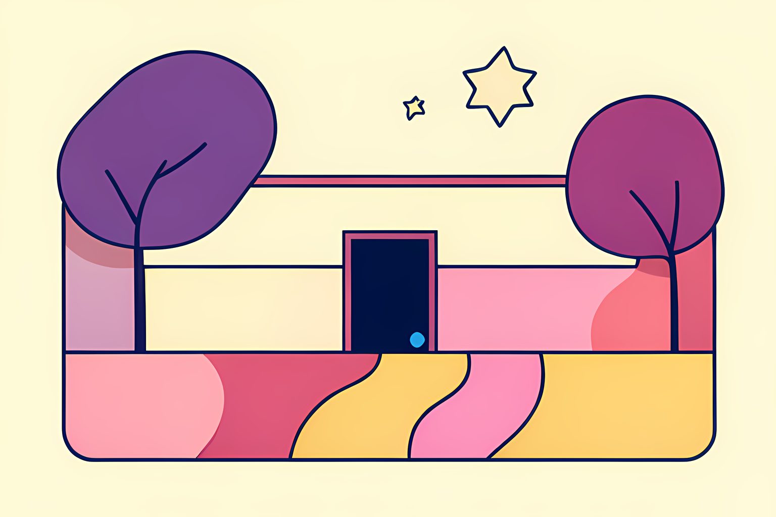 A cheerful, text-free diagram of three colored pathways leading through blank movie-tile shelves toward one small open doorway, with a tiny blue dot.