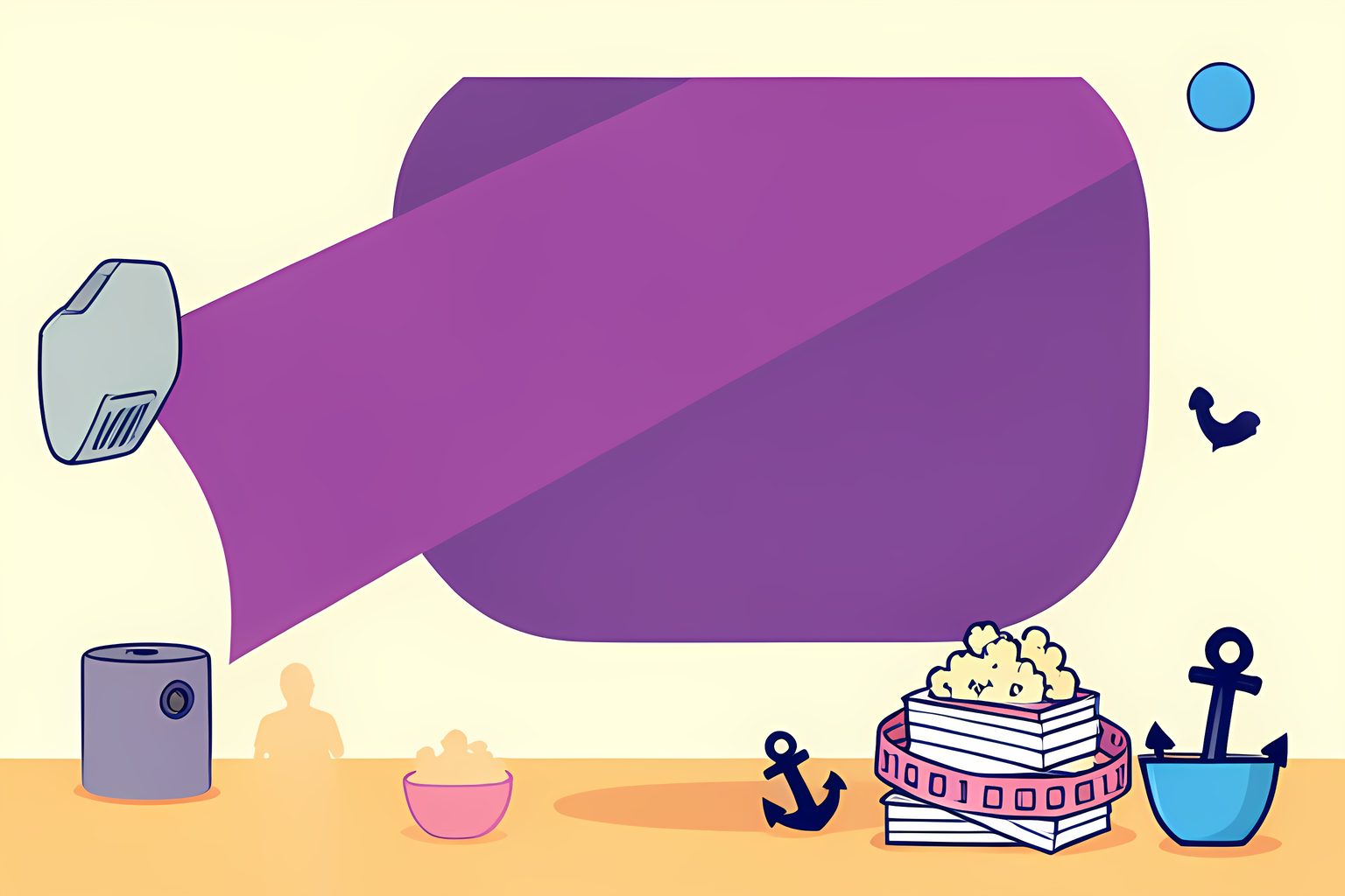 A text-free, person-free sunny living-room wall where a blank projector casts a plum-purple beam across unmarked film cards and a looping dusk-pink ribbon.