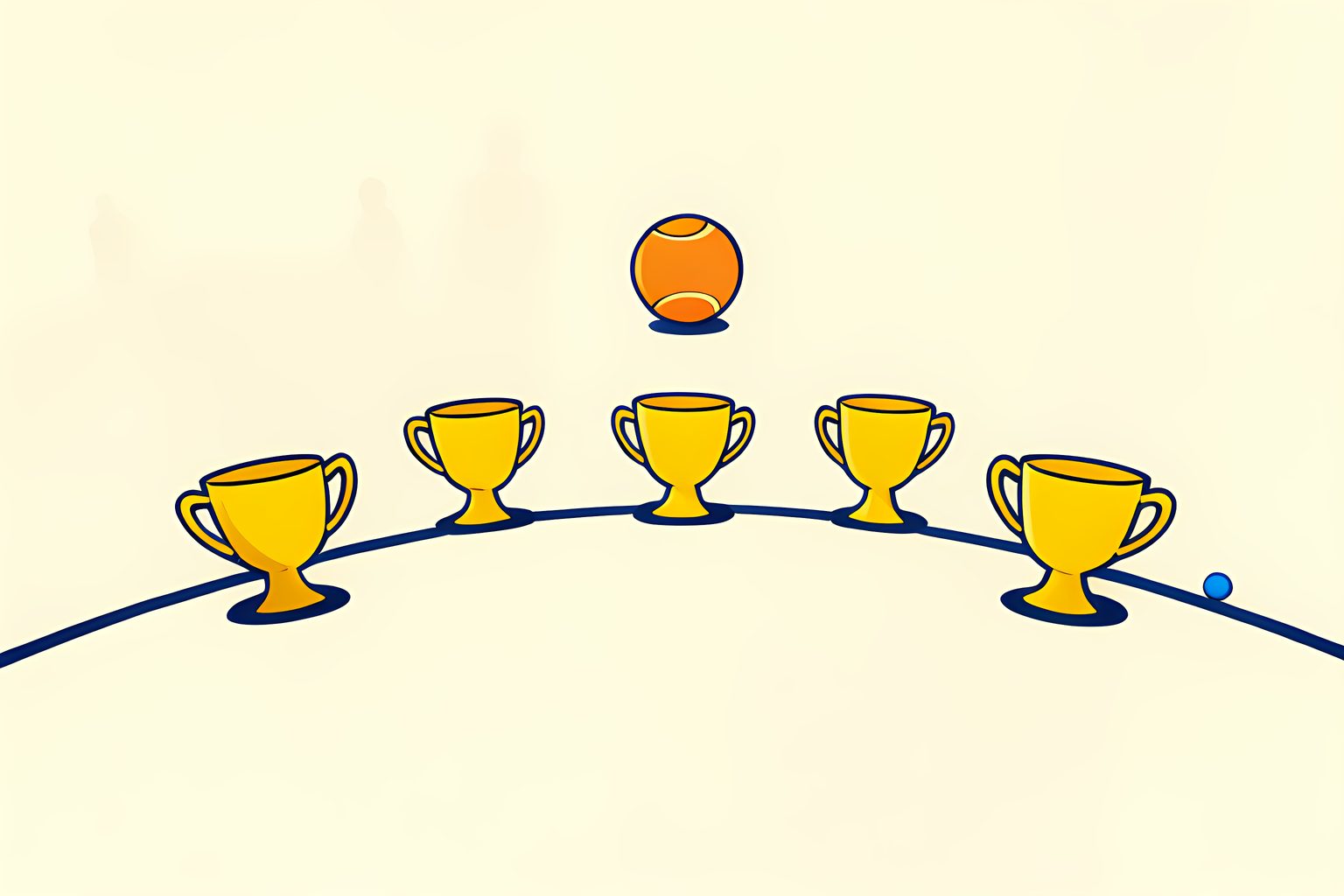 A pattern of six small unmarked gold trophy cups beside a single tennis ball on a bright empty hard court.