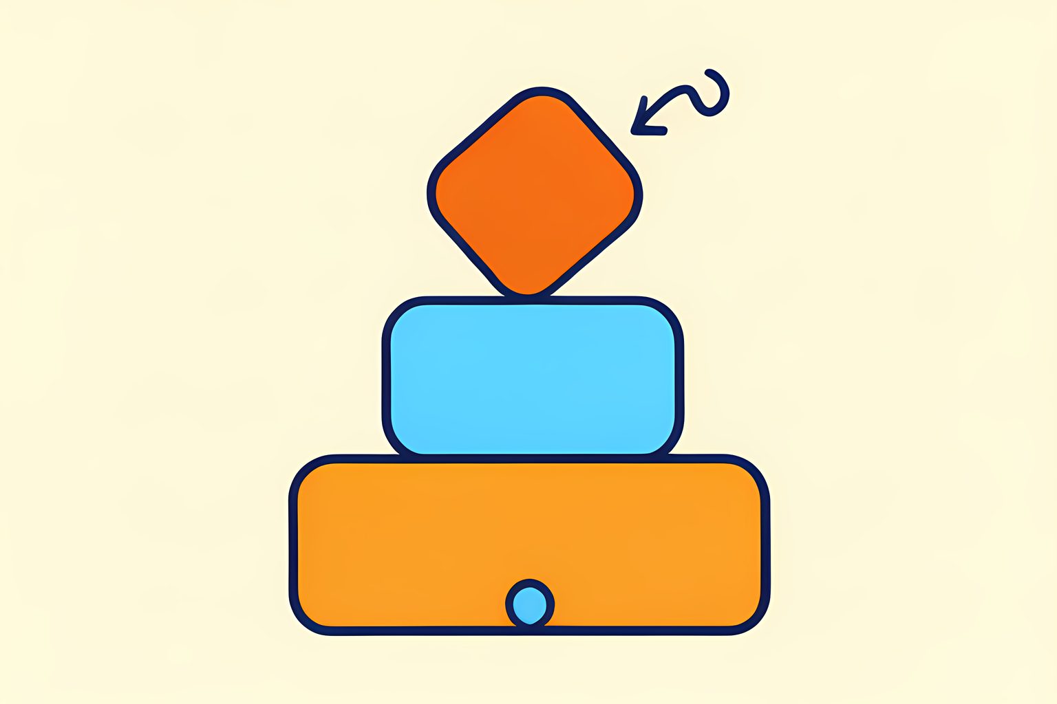 A diagram-as-art of four rounded blocks rising in a stair of four heights, the top block tinted deepest and tilted at a slight sideways angle with a small curling arrow arcing away from it, on a warm cream field.