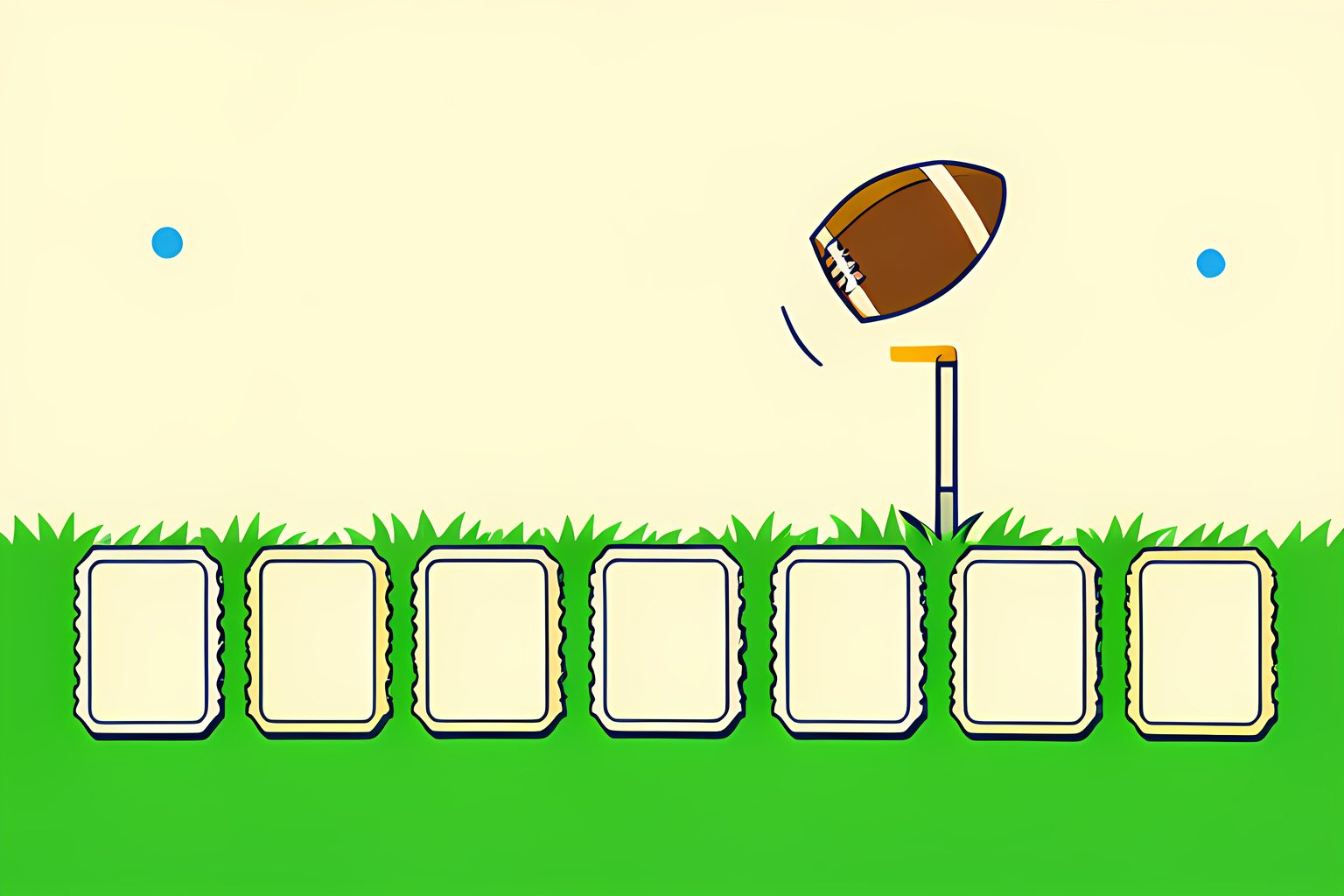 Flat editorial illustration of a single football standing on a kicking tee on bright grass, with a row of blank raffle tickets fanned out beside it and one ticket lifted by the breeze, plus a small blue dot on the tee.