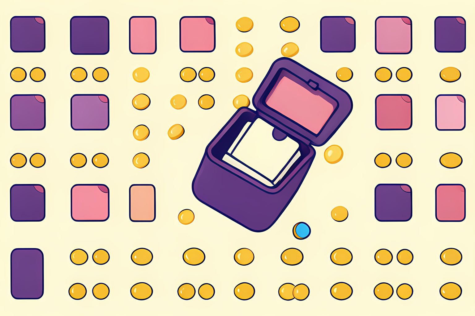Stylized pattern of blank game cases and small round gold tokens, with one colorful case opening to reveal two nested covers.