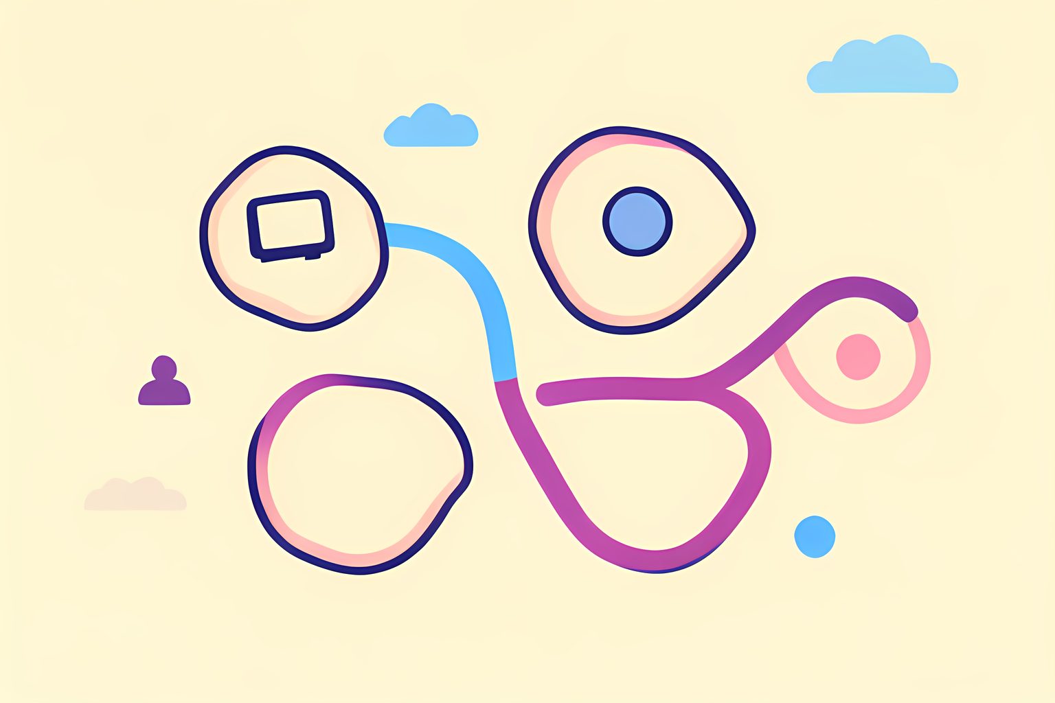 A warm person-free illustrated map of cream islands linked by plum paths, with one blank television window on a single island and a sky-blue path reaching only a few others, plus a tiny blue dot and no text, logos or character likenesses.