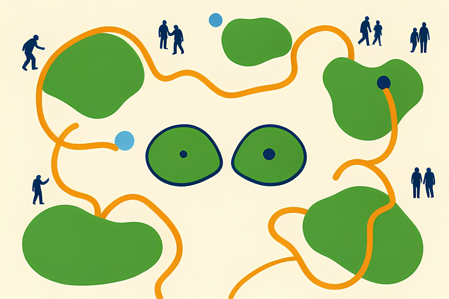 A text-free illustrated map of a bright archipelago of small blank islands connected by a looping route, with a pair of twin islands near the center.