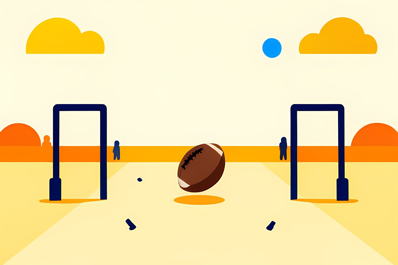 A bright, text-free, person-free football field at morning with a single unbranded football mid-bounce near two open goal-line gates.