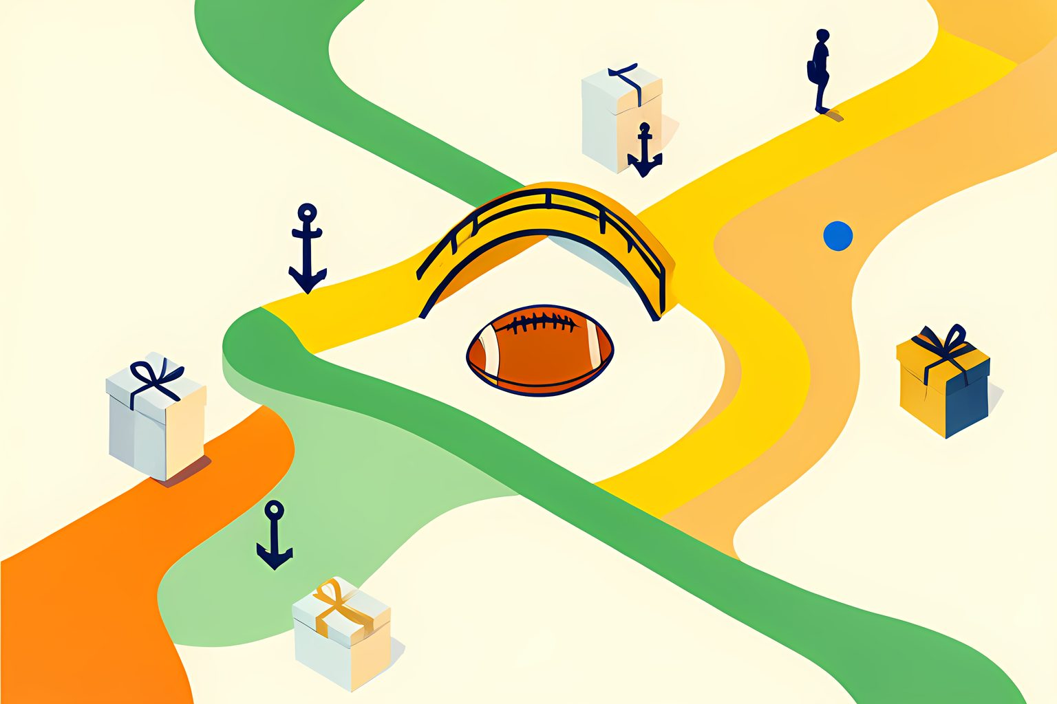 A warm, label-free map-like football landscape with two paths meeting at a plain ball and small gift boxes.