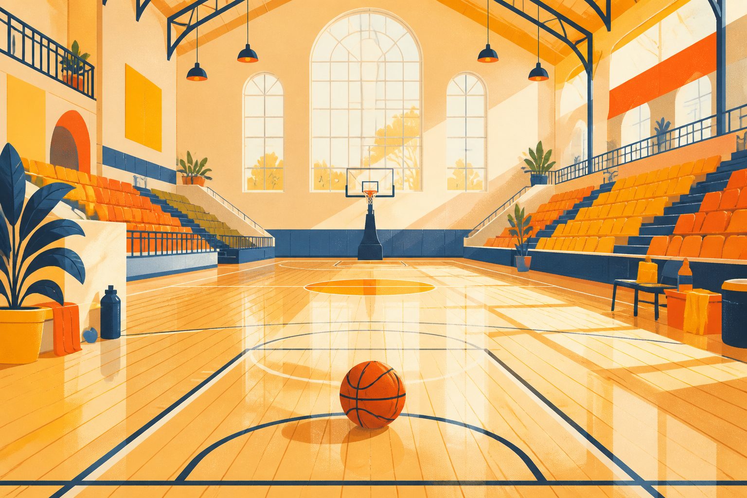 A bright stylized basketball court baseline bathed in morning sunlight, with an orange basketball resting beside three glowing arc lines on polished hardwood.