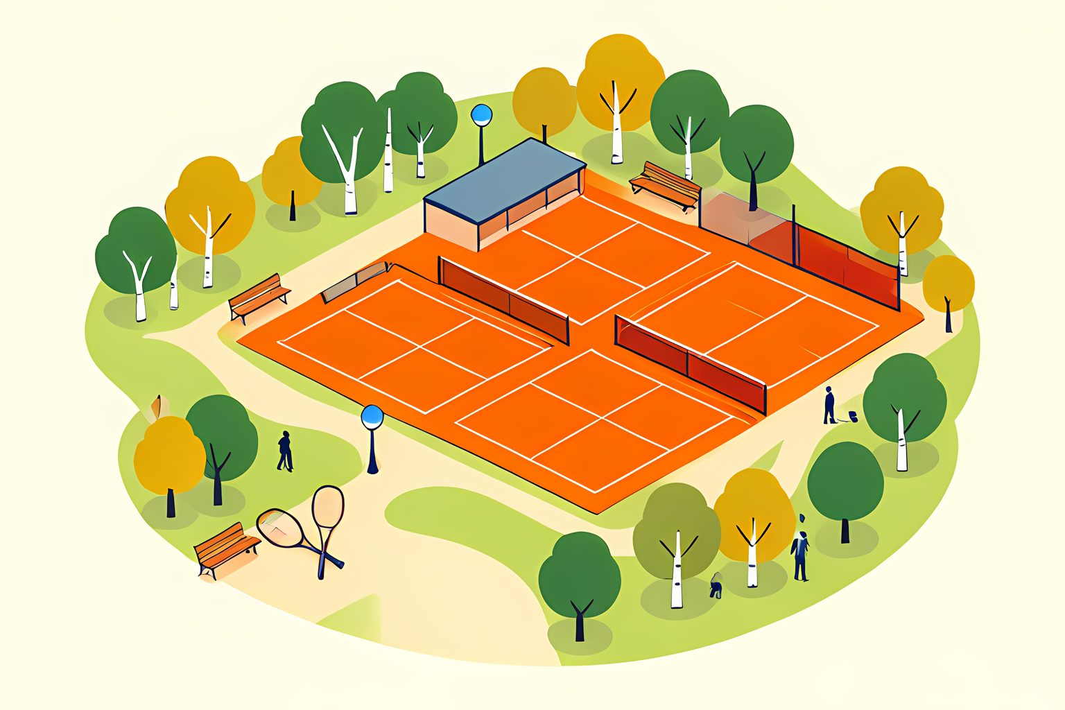 A small tree-lined cluster of red clay tennis courts beside a leafy park, seen from above, with two rackets leaning together against a bench.