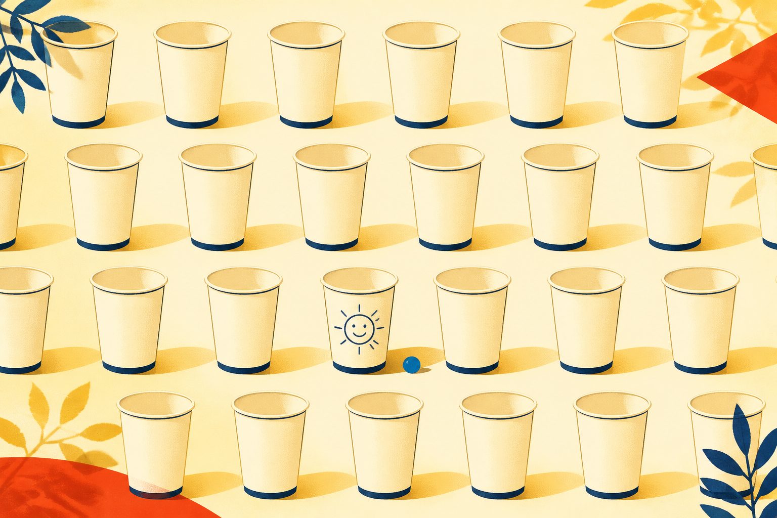 A bright vector pattern of classic paper coffee cups arranged in neat rows, with one cup in the foreground displaying a hand-drawn smiling sun doodle in black ink.