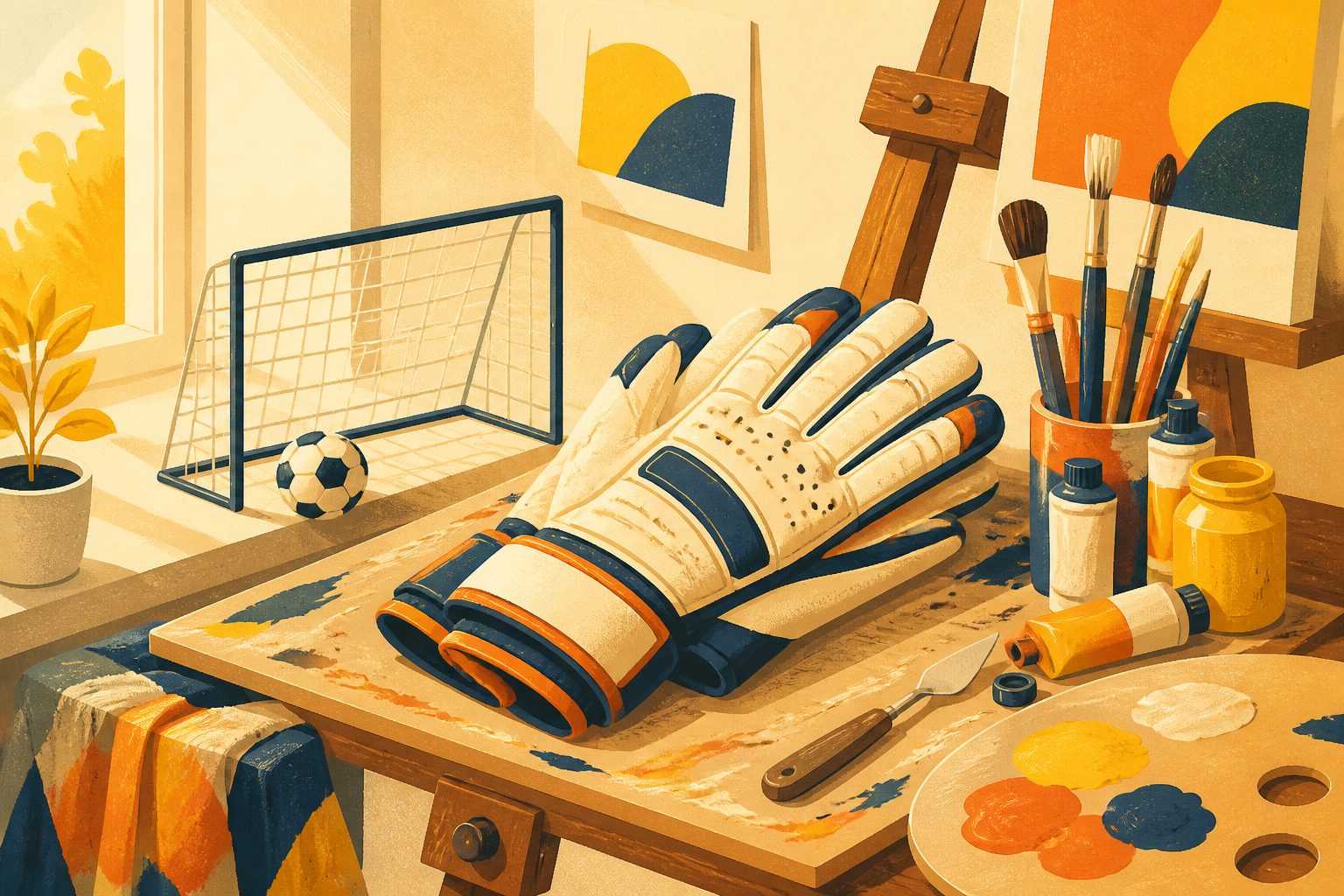 A pair of clean goalkeeper gloves resting on an artist studio worktable beside vibrant tubes of acrylic paint and brushes under gentle morning light