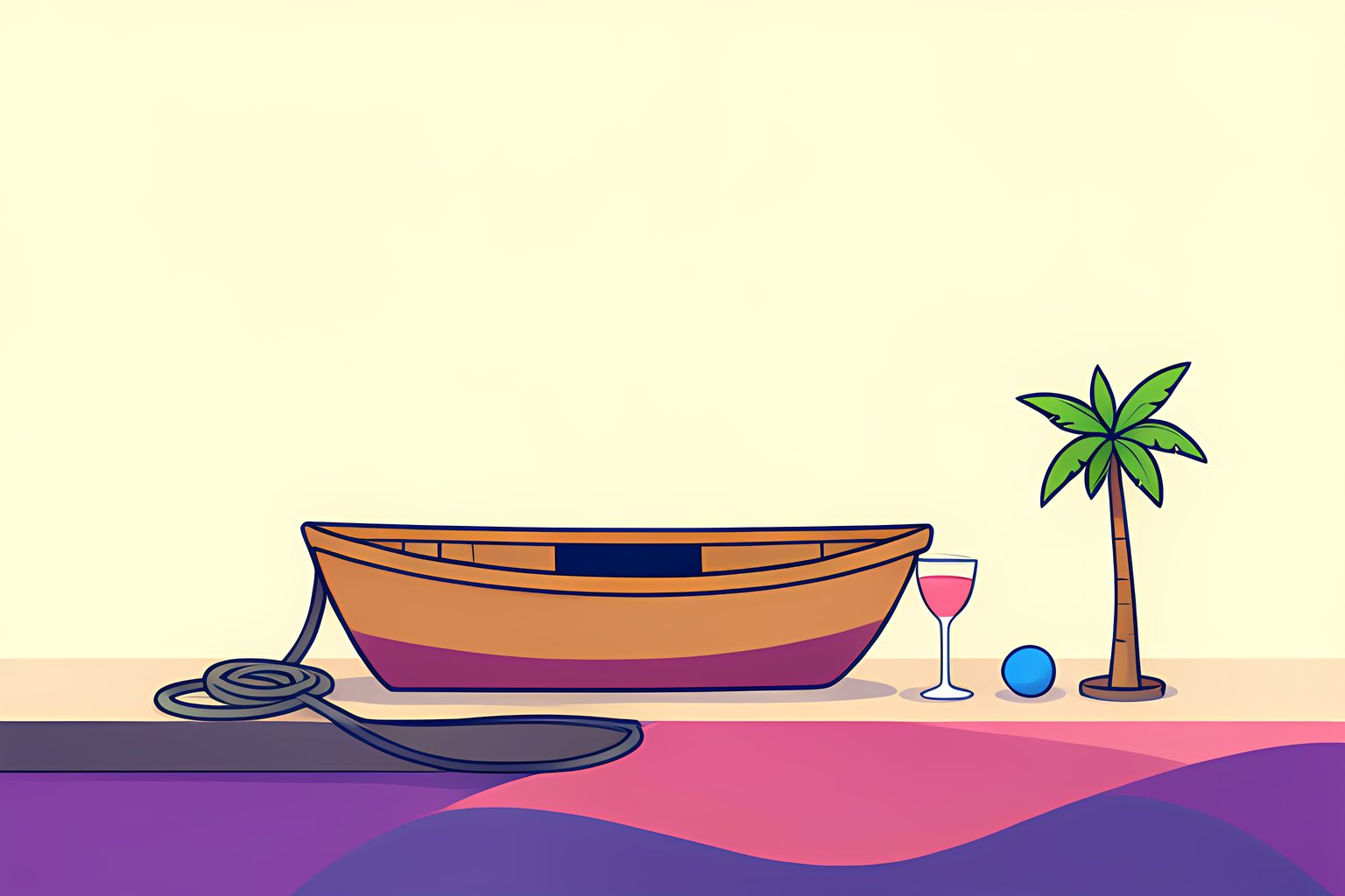 A bright, text-free and person-free illustration of a small generic marina boat bobbing beside an unmarked wooden dock, a coiled rope, a sunlit drink glass and a distant palm-lined shore.