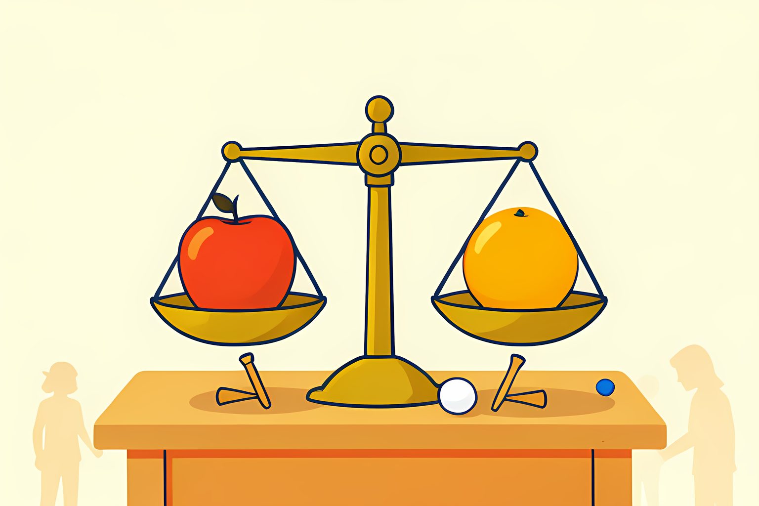 A bright flat illustration of an old brass balance scale on a low wooden table, holding a single red apple on one pan and a single orange on the other, perfectly level, with a few golf tees and a golf ball resting nearby in warm side light.