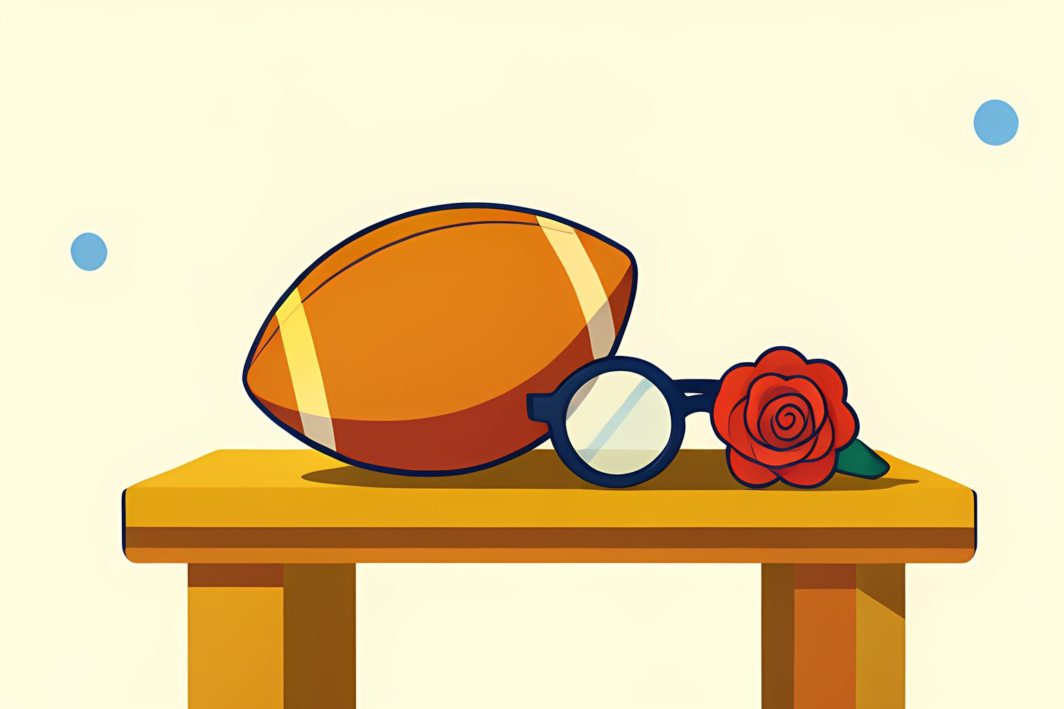A still-life of a single football resting on a low table beside a pair of round protective sports glasses and a rose, lit from the side.