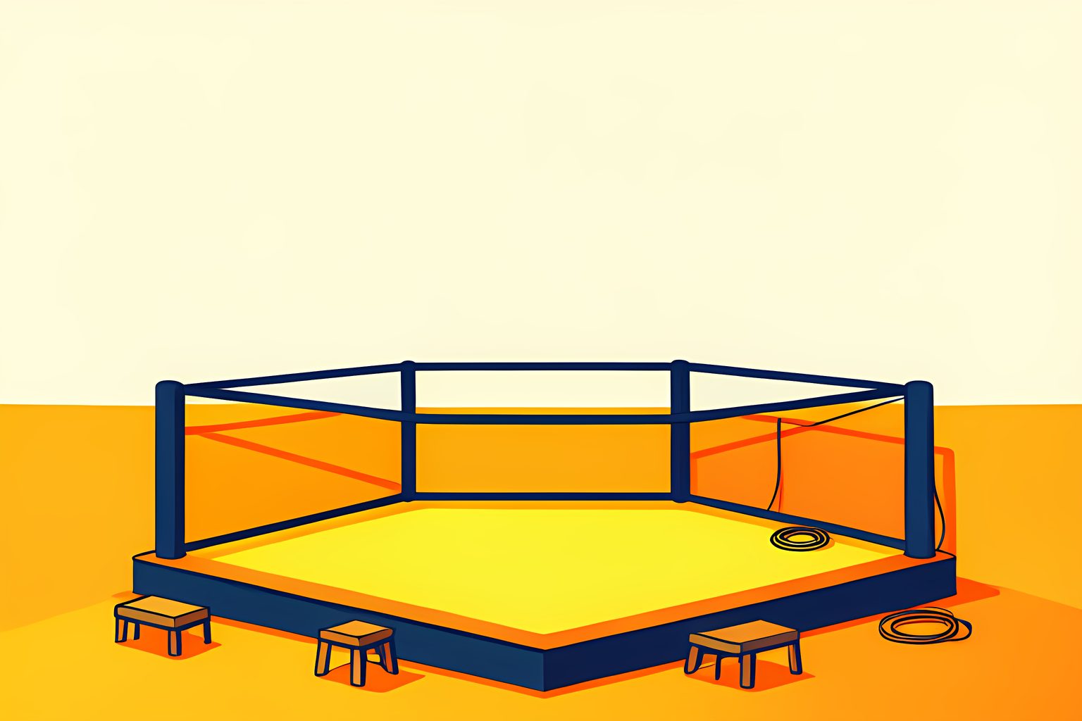 A text-free, person-free sunny arena scene with an empty eight-sided fighting cage under a tall warm-cream sky, two blank corner stools, golden-yellow light, warm-orange floor marks and a small round blue dot.
