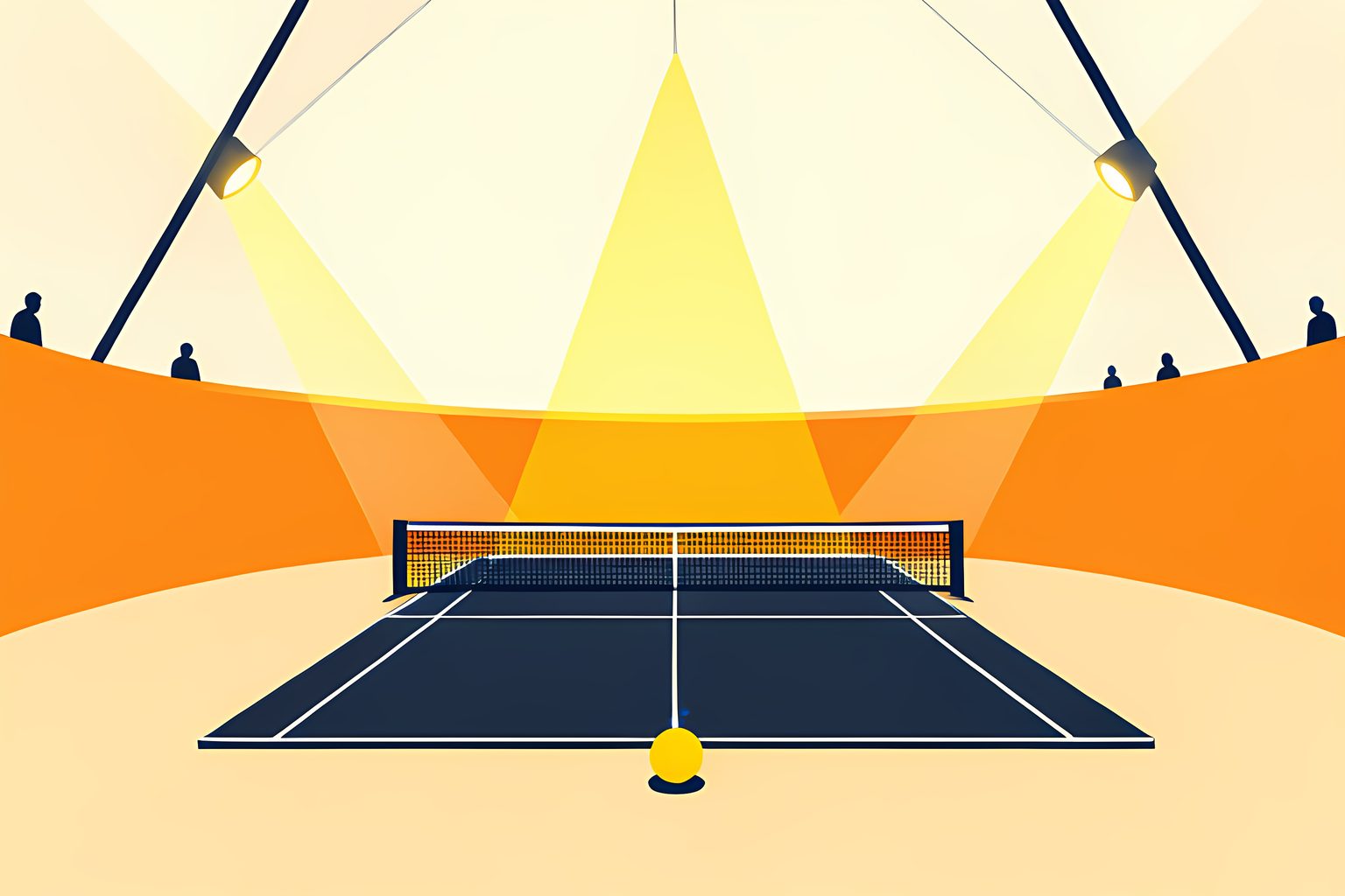 A stylized bright wide arena view showing a sleek dark anthracite tennis court illuminated by warm geometric light rays on warm cream with a small blue dot