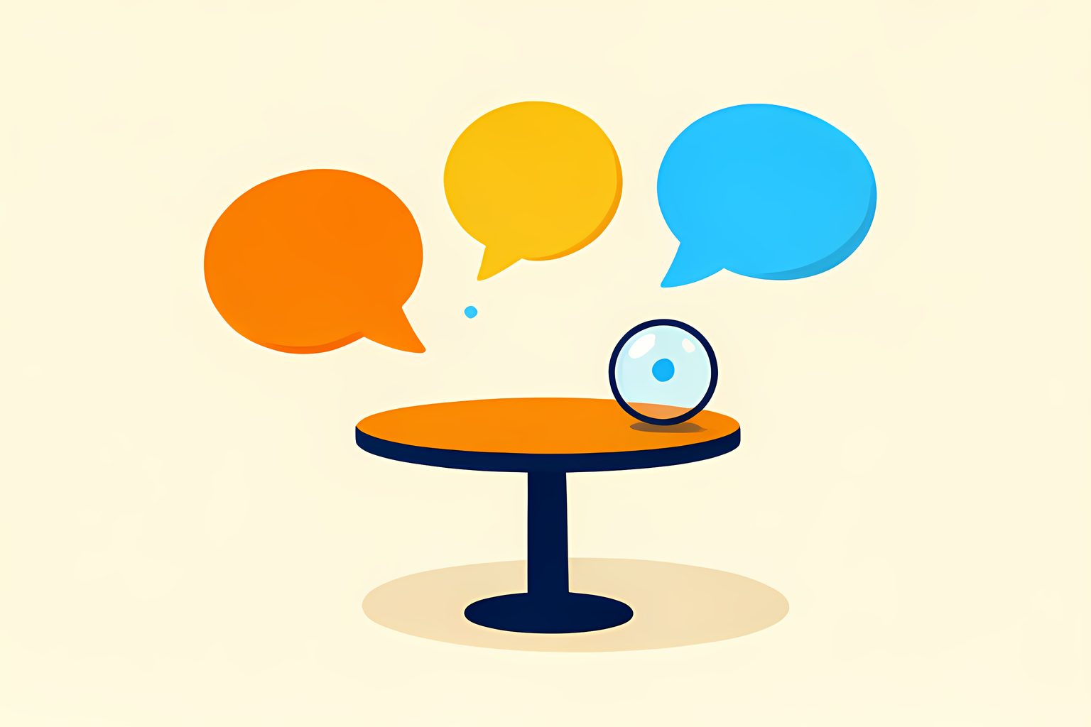 A text-free visual metaphor of five colorful speech-bubble shapes around a round table, with a clear glass lens resting beside the table.