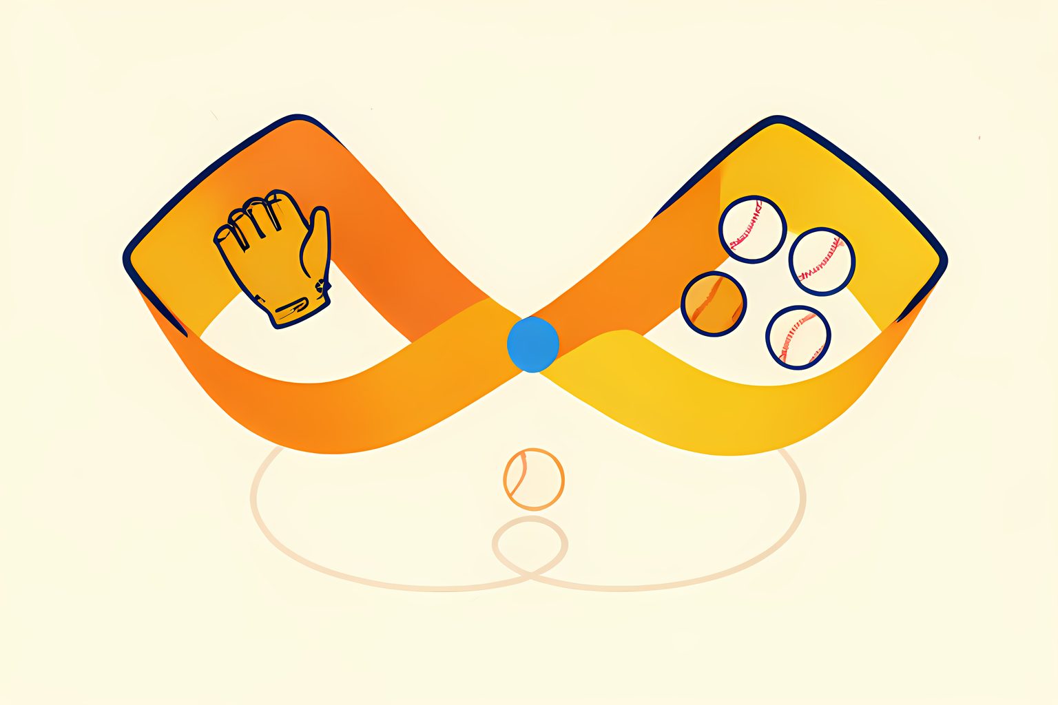 An abstract flowing diagram of curved ribbons carrying one pitcher's glove in one direction and four baseballs in the other between two sunny ballpark shapes.