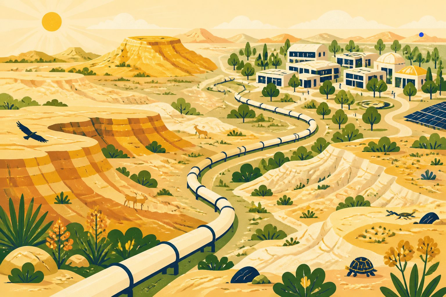 Stylized editorial map illustration showing a warm desert terrain and a winding gentle route across sunlit mesas.