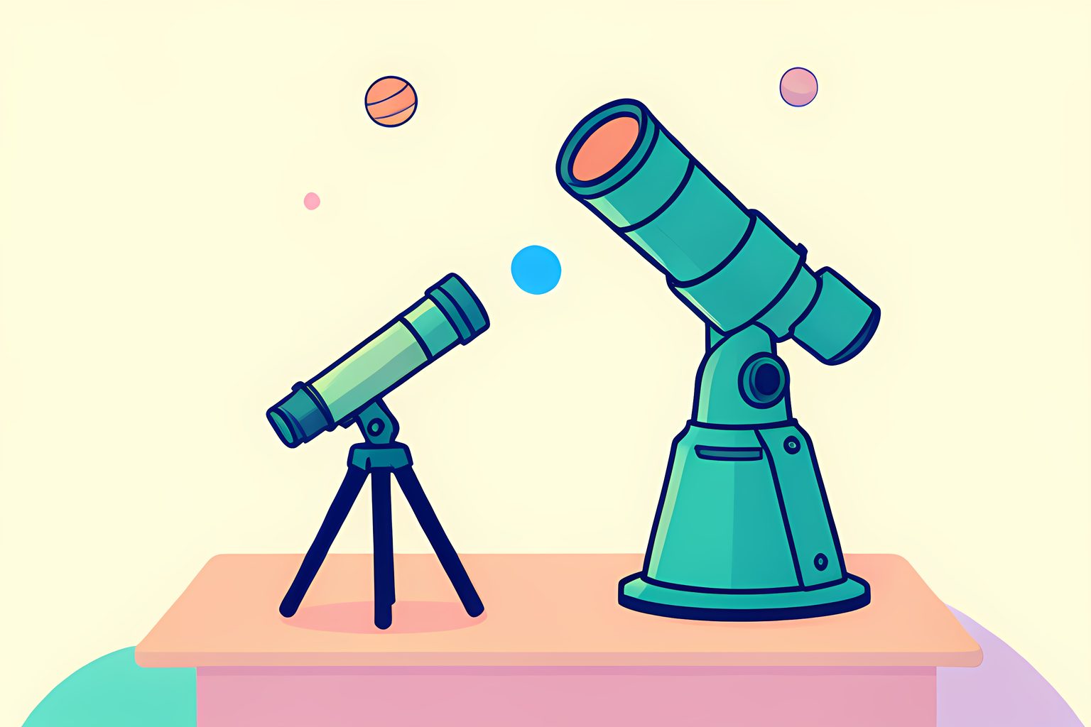 A stylized still life of a small amateur telescope on a tripod beside a larger observatory telescope, both angled toward a tiny ringed planet in a warm cream sky.