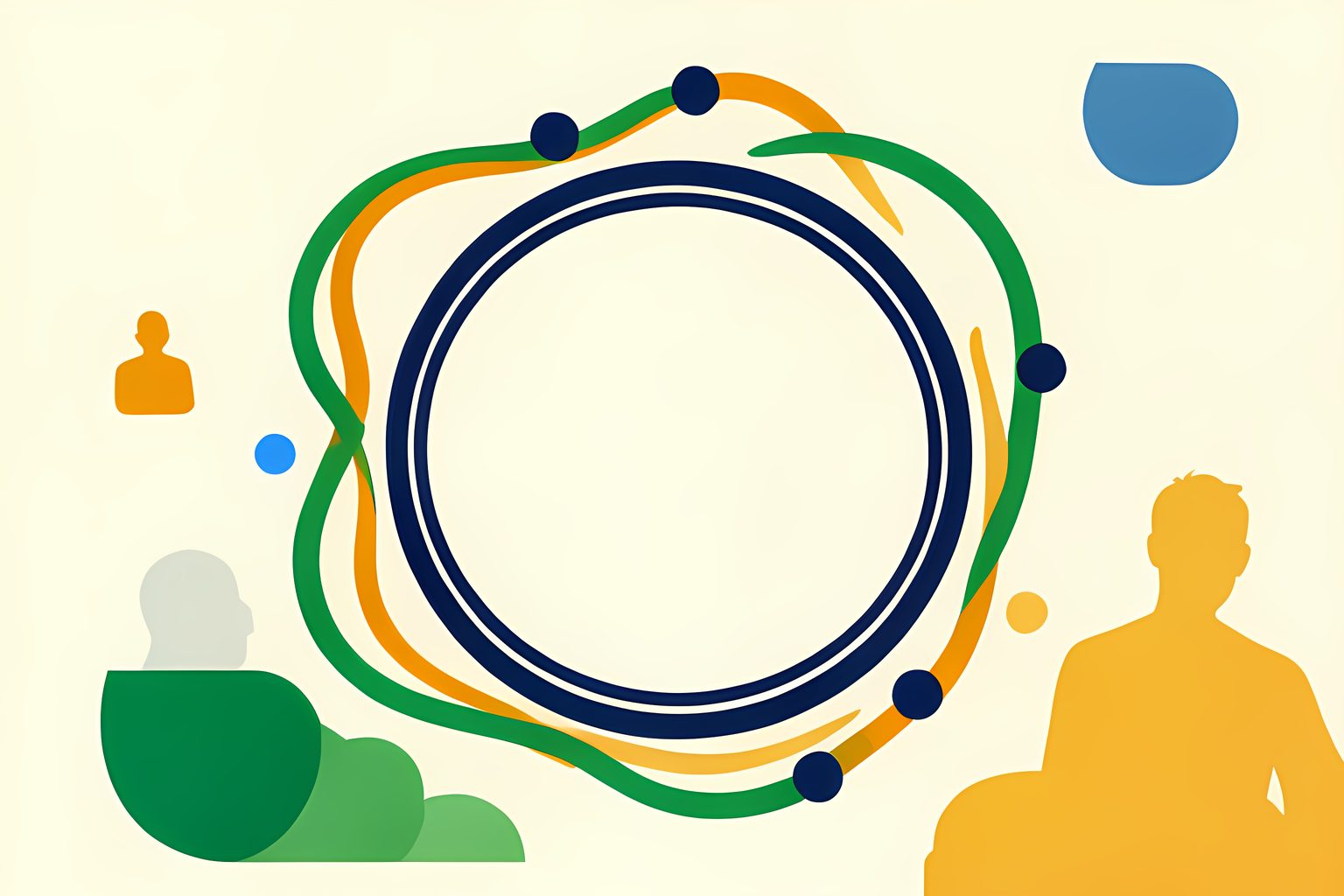 A diagram-as-art scene on warm cream: one large blank circular silicon wafer drawn in ink navy, with graceful forest-green and amber flow lines curling around it like rivers on a schematic, no labels or markings.