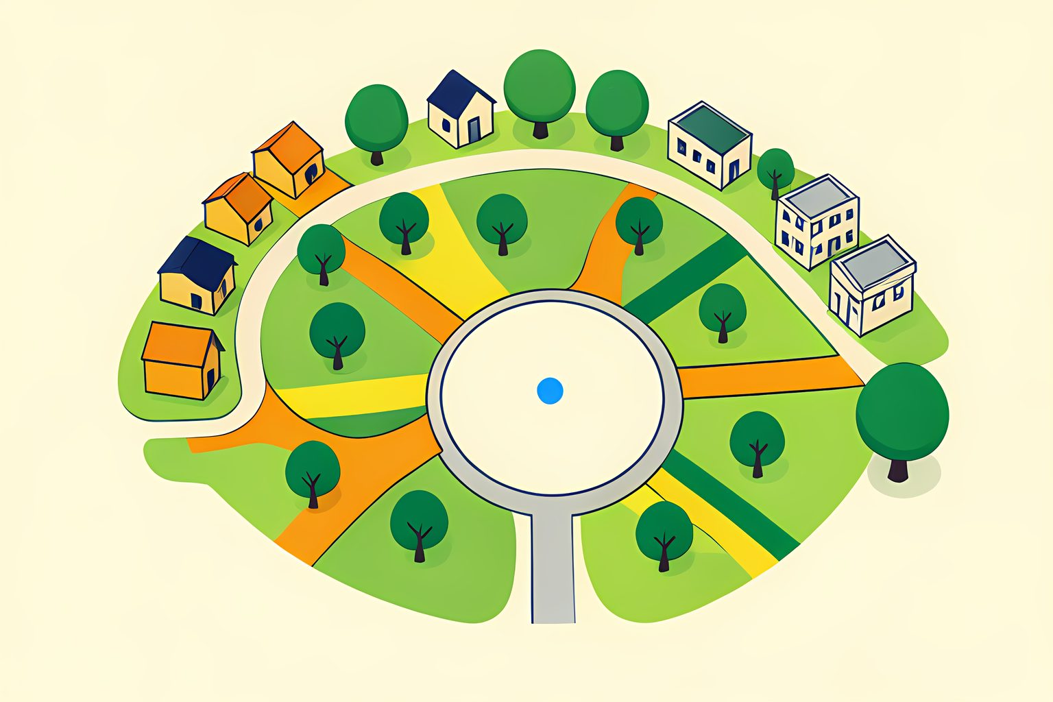 A bright, stylized map-like grid of small blank homes and office blocks connected by two curved paths that meet at a sunlit central circle, with no people or text.