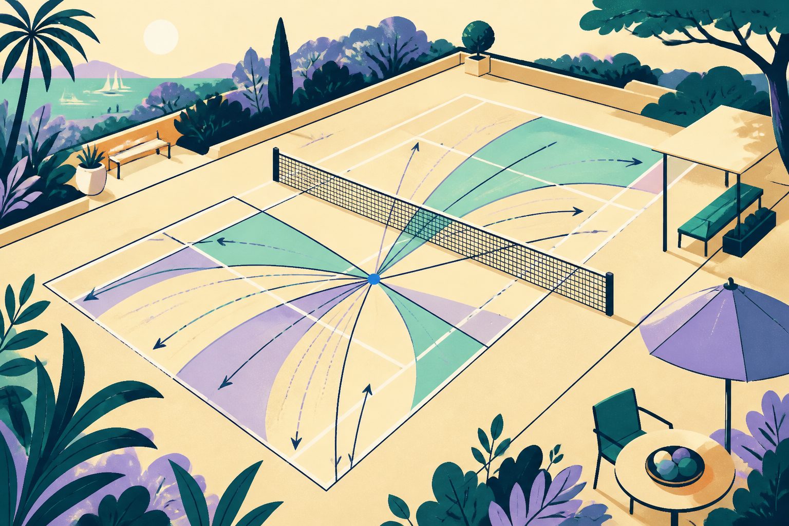 An aerial graphic view of a tennis court with curved geometric spin vectors and angle lines branching outward on warm cream background