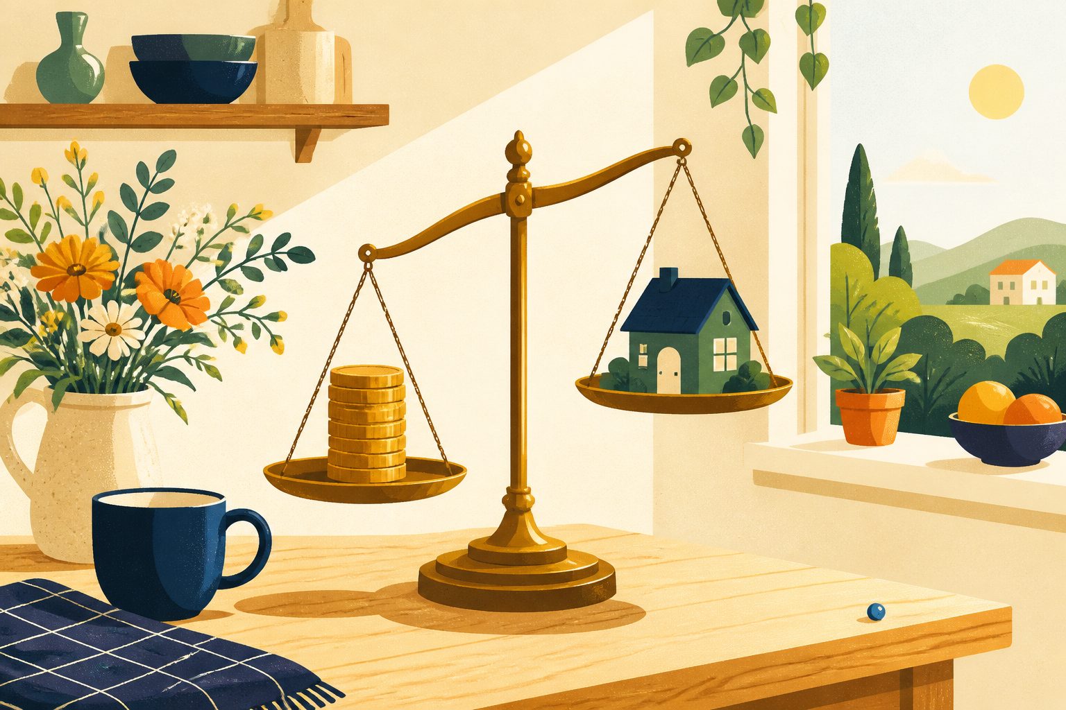 A small balance scale on a sunny table, a neat stack of plain coins on one pan gently lifting a tiny house on the other, with lots of cream space around it.