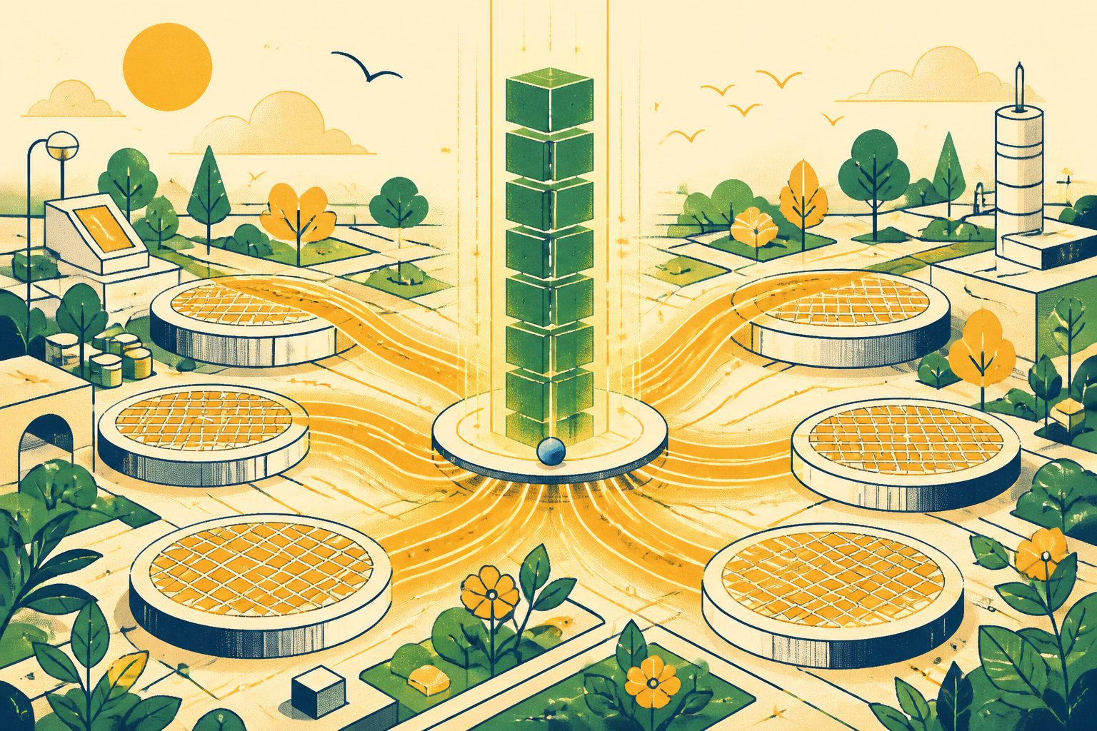 A stylized editorial diagram on warm cream showing intersecting amber and forest green pathways connecting a central glowing silicon wafer to stacked geometric memory cubes, with a tiny round blue dot tucked near the base.