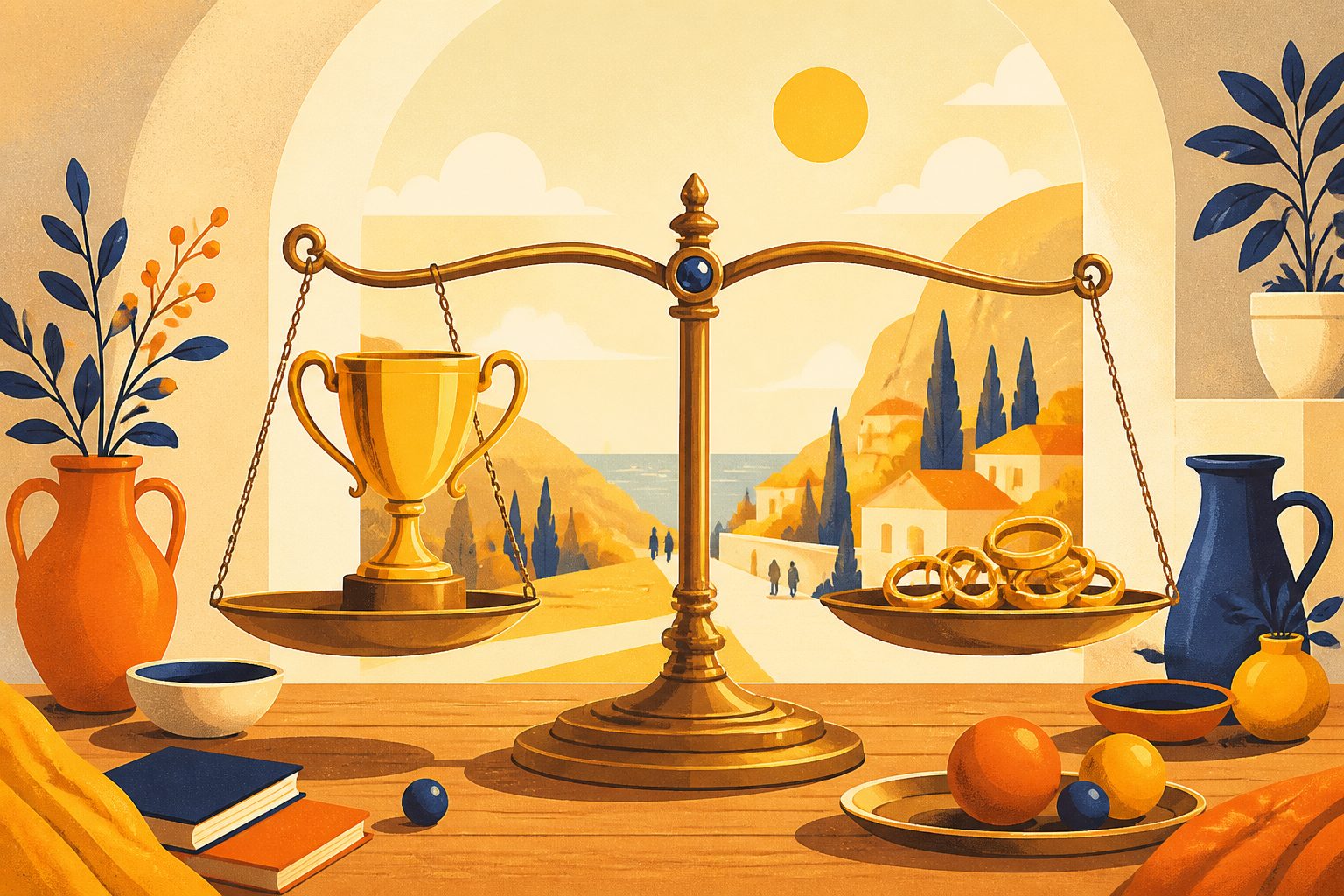 A gleaming brass balance scale rests on a sunlit wooden table with a tall trophy cup on one pan and several polished rings on the other