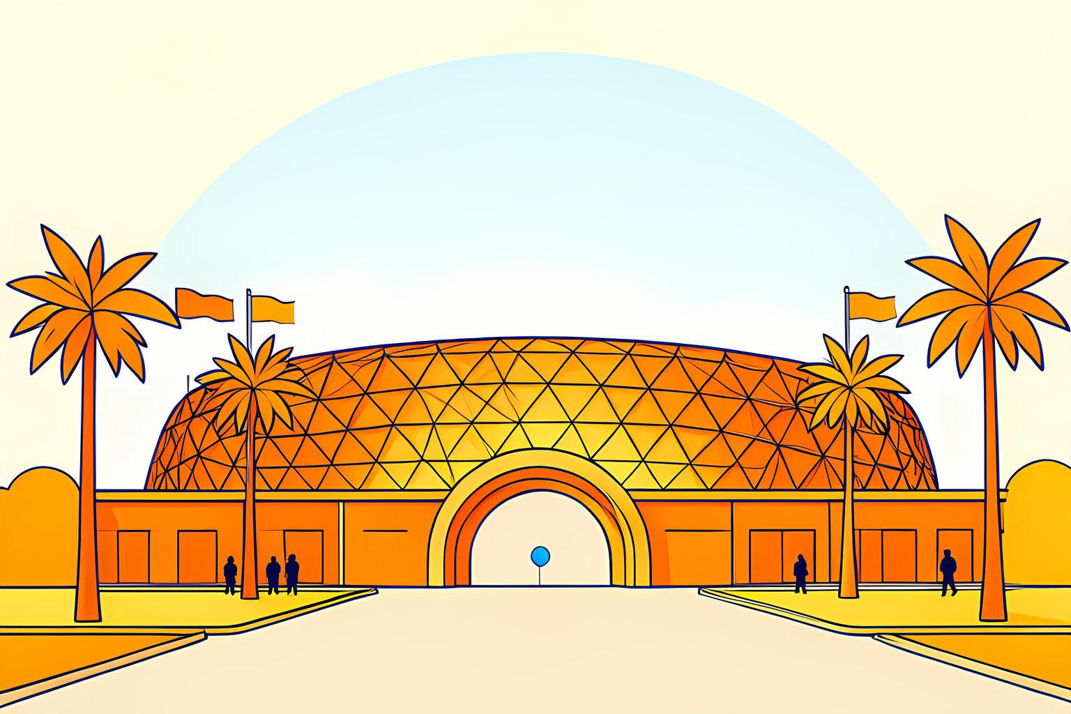 A wide stylized view of a grand modern stadium with an intricate patterned white canopy glowing under a warm sunlit sky on warm cream with a small blue dot