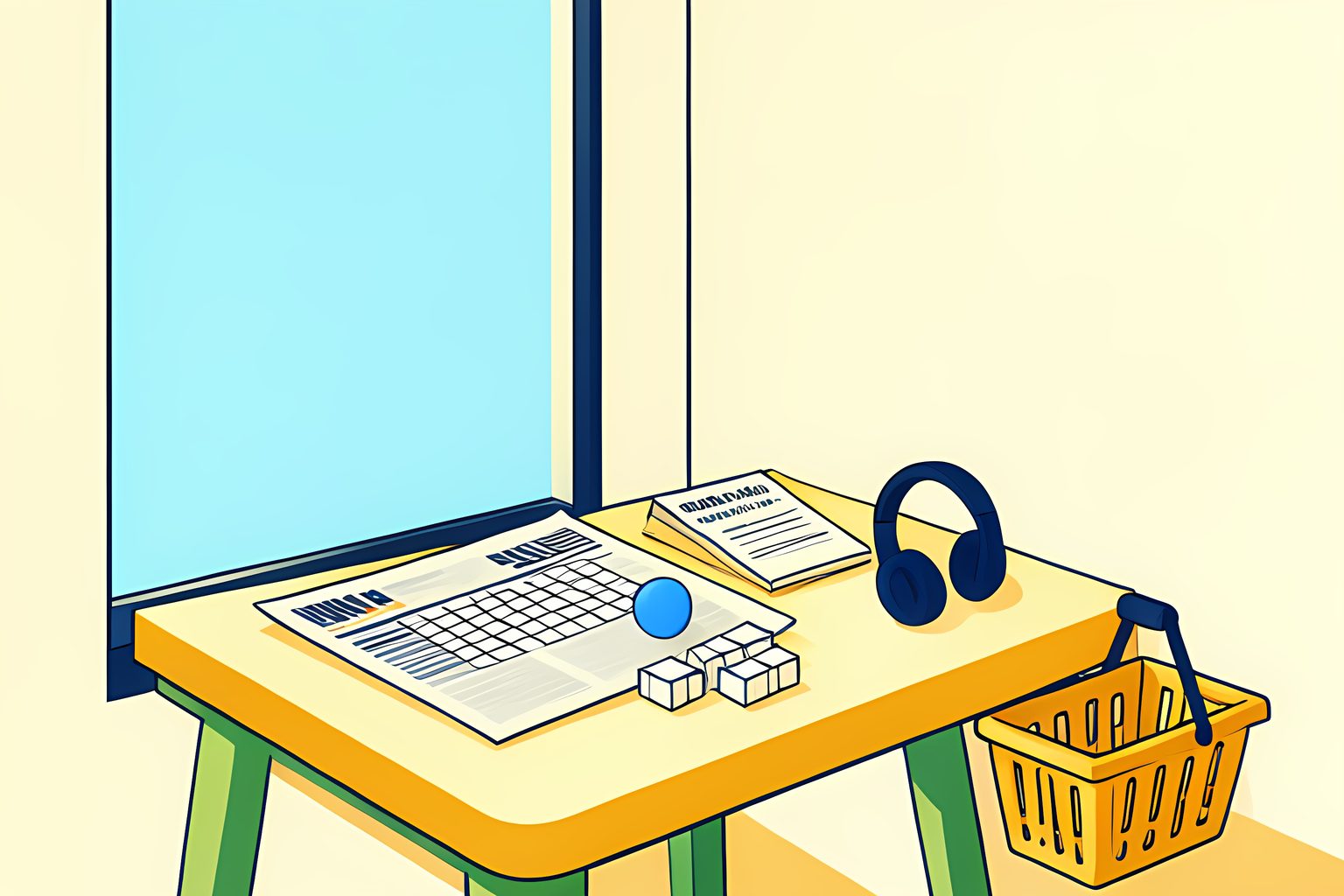 Stylized editorial illustration of a sunny cream desk with blank puzzle tiles, a folded recipe card, headphones and a plain newspaper-shaped sheet arranged like a small neighborhood.