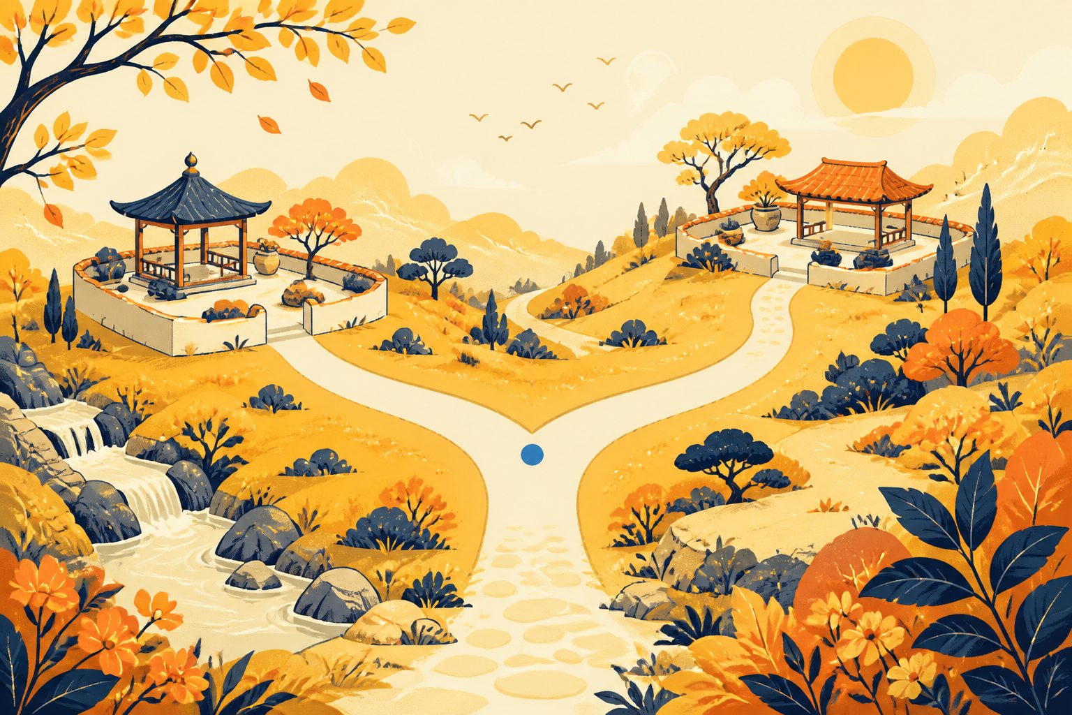 A stylized illustrated map showing a curved pathway dividing neatly into two distinct foundation vaults on a warm cream background.