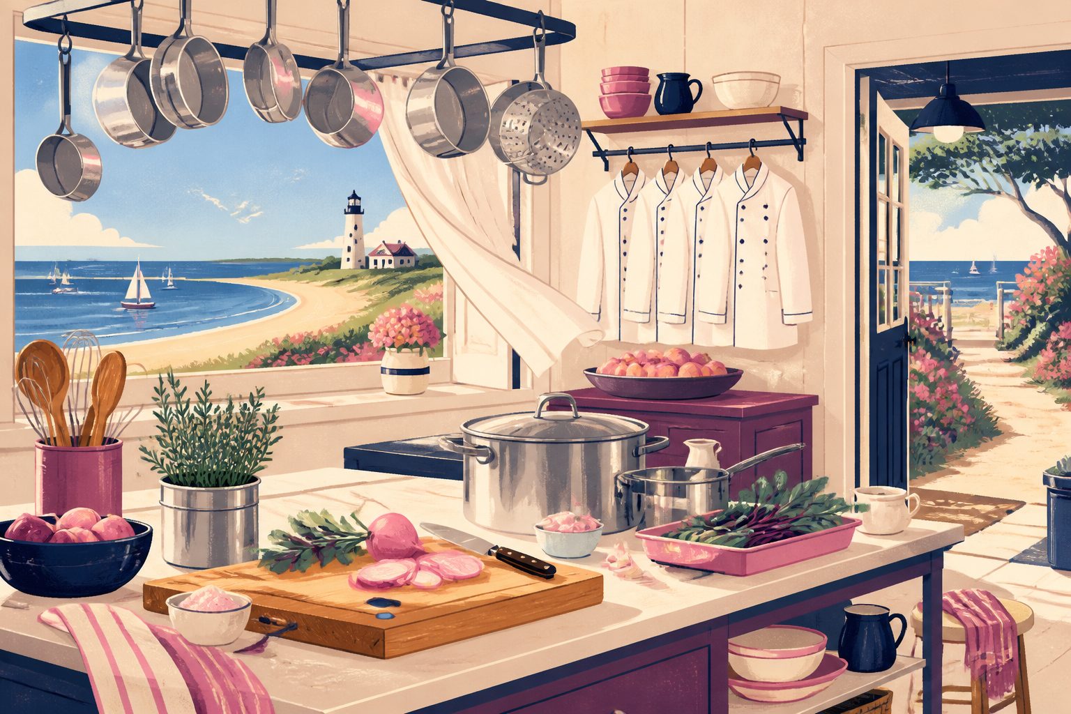Warm editorial illustration of a sunlit seaside restaurant prep station overlooking Cape Cod Bay.