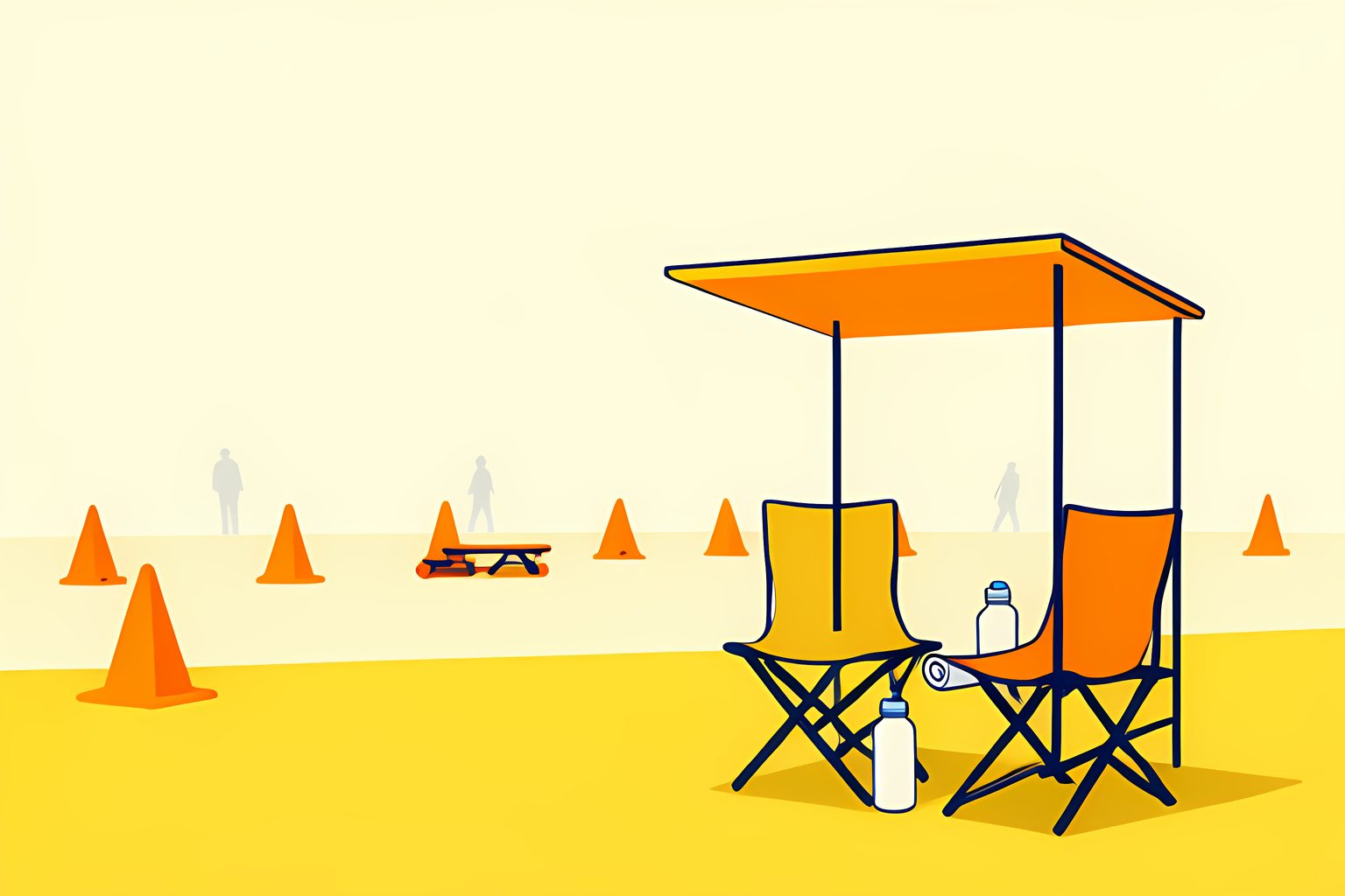 A bright practice field seen from the sideline, with two folding chairs side by side under a shade canopy, two blank water bottles and a rolled towel, while plain cones dot the sunlit grass beyond.