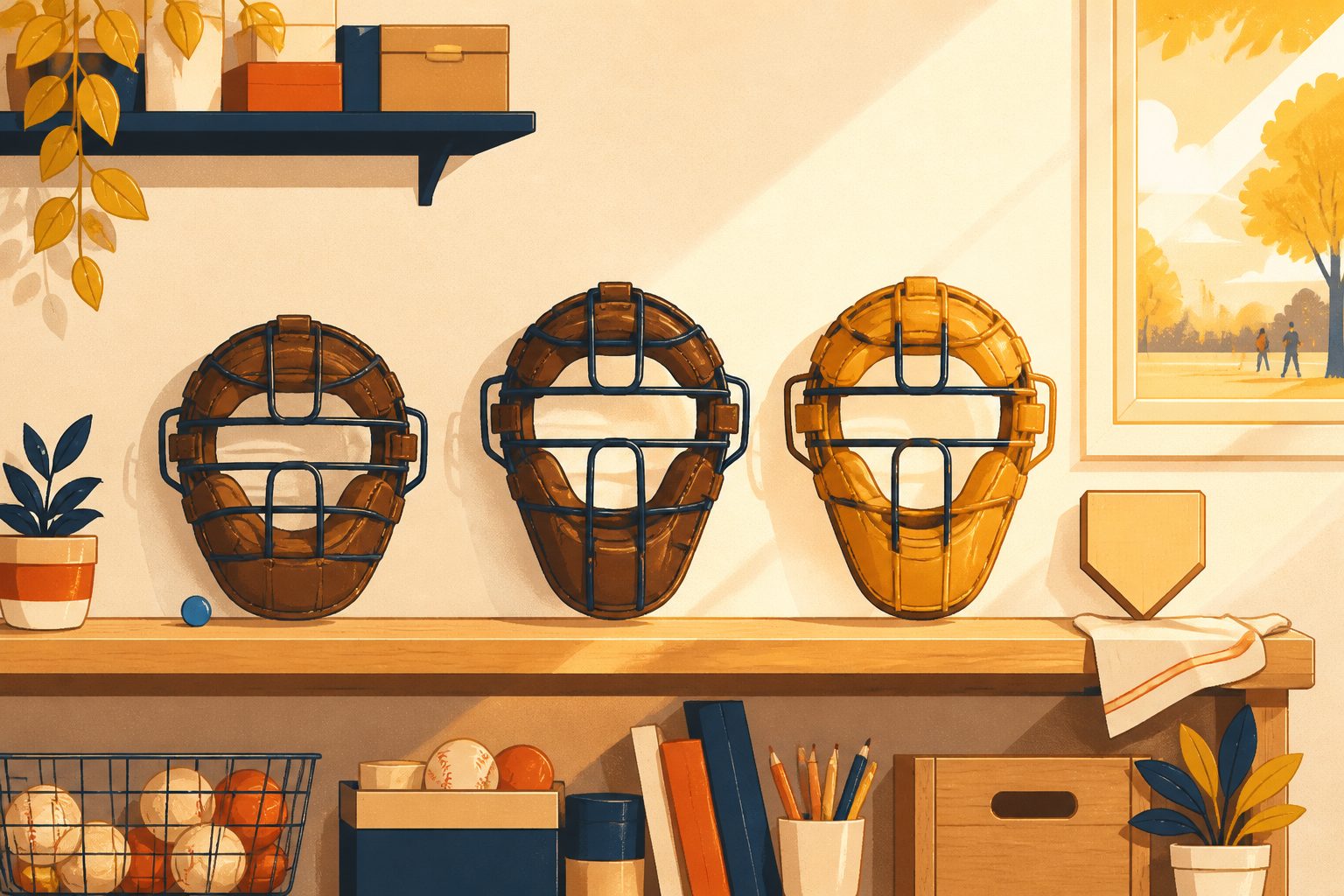 A stylized shelf holding three vintage leather catcher's masks arranged in a neat row under golden morning sunlight with a small blank home plate resting nearby