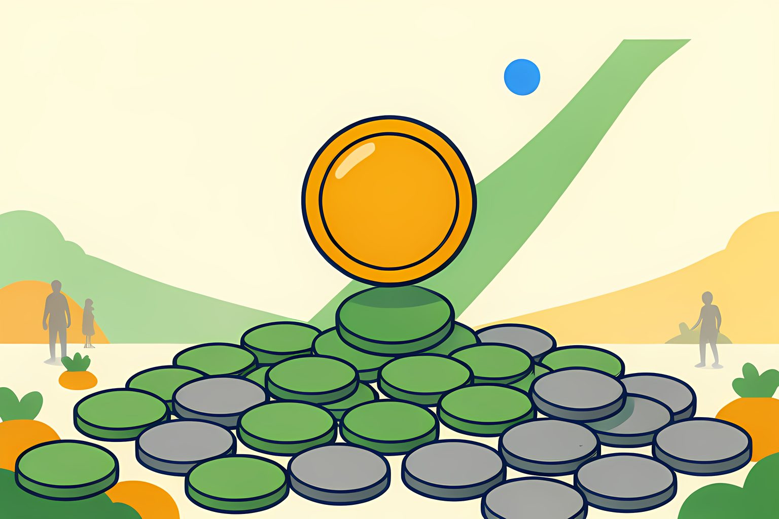 A bright flat illustration of a single round amber coin rising above a field of flat gray-green coins on a warm cream ground, a faint forest-green upward trail behind it, one small round blue dot floating nearby, no text, no faces, no logos.