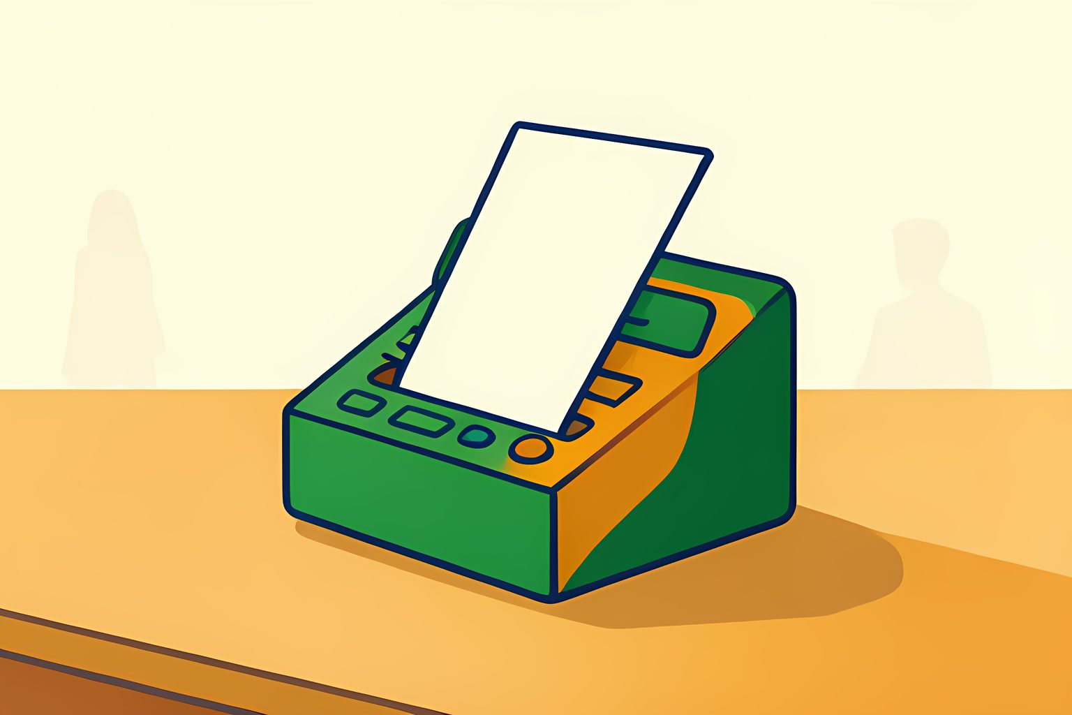 A visual-metaphor illustration on cream: a large blank receipt scrolling out of a clean geometric terminal in forest green and amber, with one small blue dot tucked in the corner.