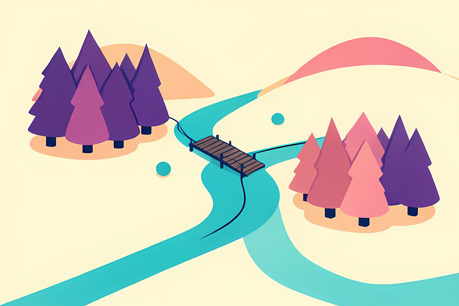 A warm illustrated map-like landscape with two unlabelled evergreen forests joined by a winding river and a plain camera track, rendered without people or text, with a small blue dot near the water.