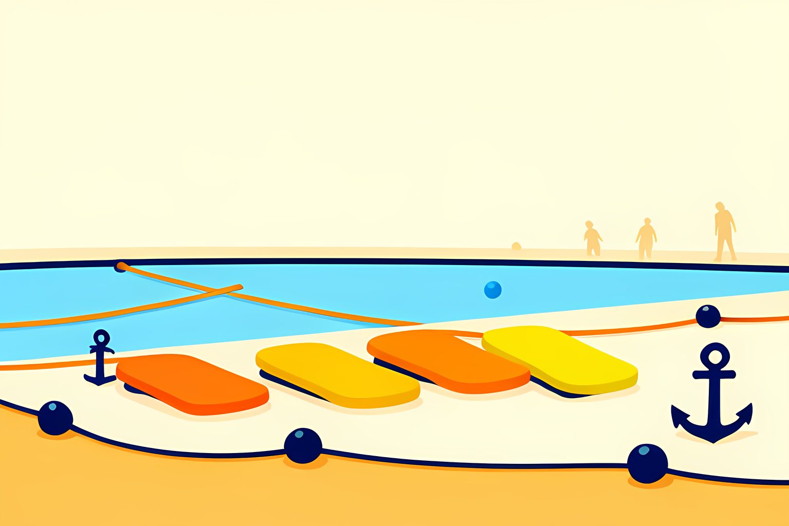 A bright, text-free, person-free view across an empty outdoor pool in morning light, with lane ropes, small floating buoys and one cheerful line of six colored kickboards resting beside the water.