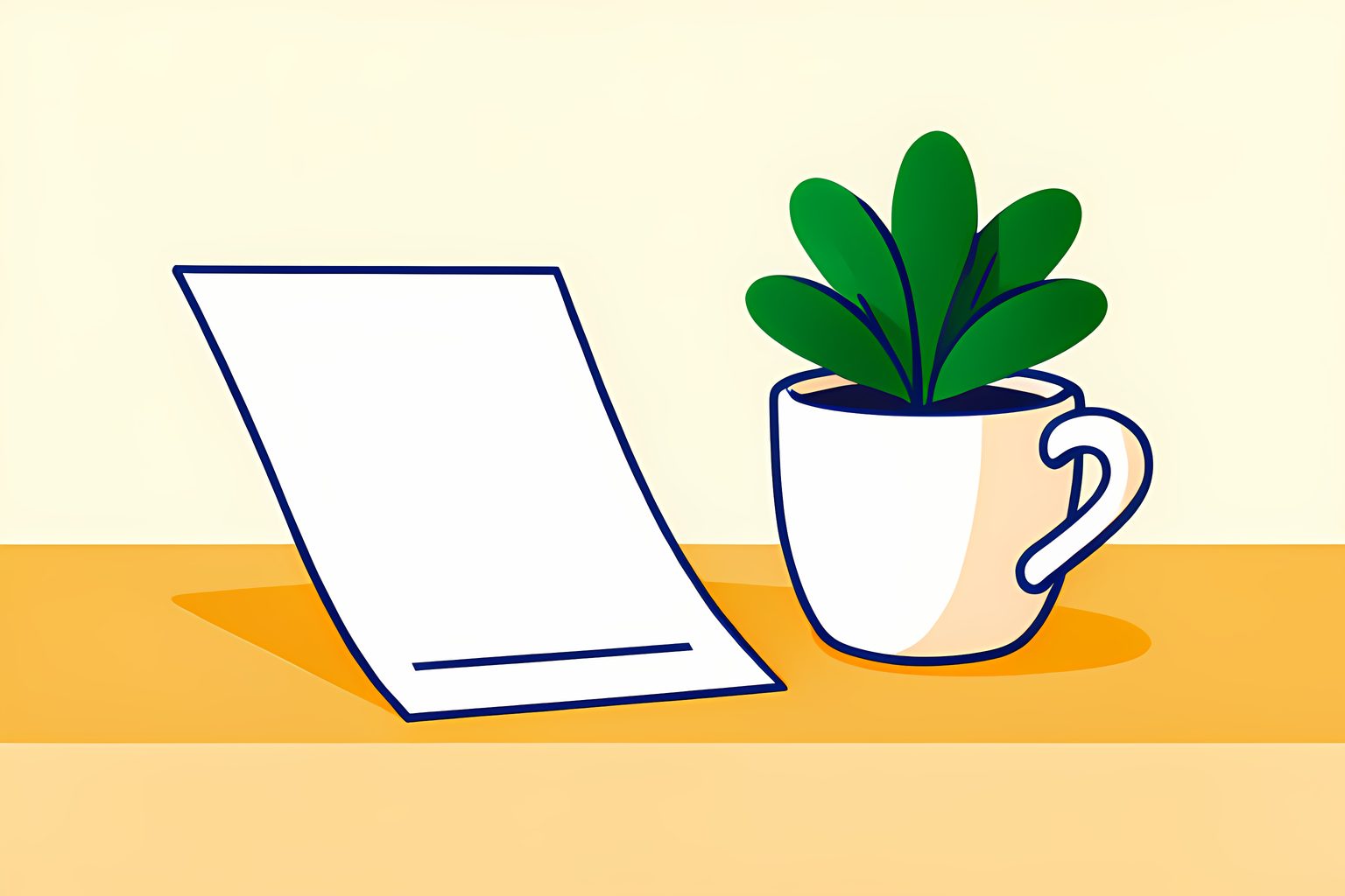 A still-life on warm cream: a single blank paper check slip resting on a wooden kitchen table beside a plain white coffee cup and a small potted plant, flat ink-navy line work with forest-green and amber accents.