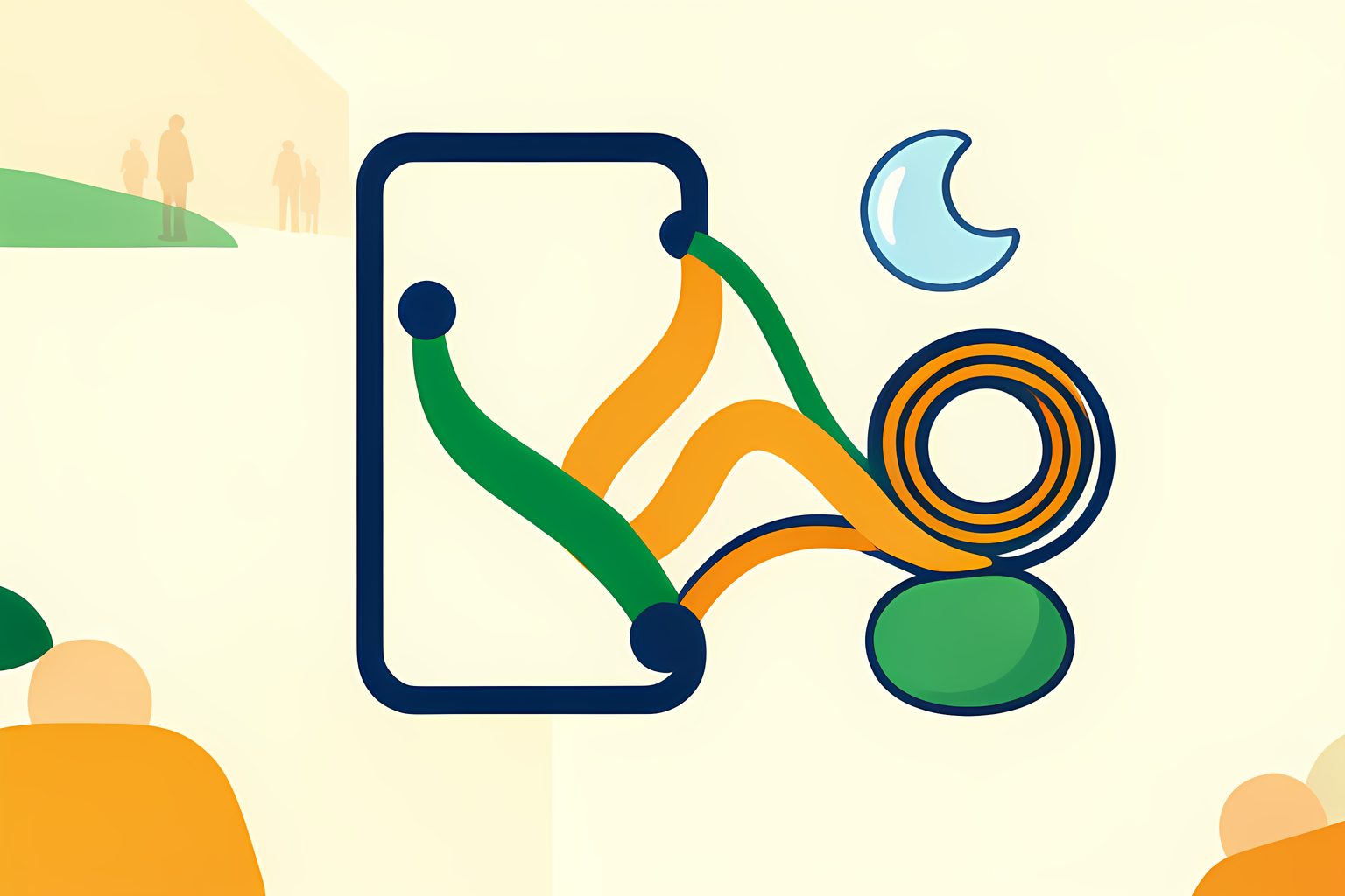 A blank phone-shaped tile connected by three graceful colored paths to a coiled cable, a small moon-shaped token, and a smooth pebble on a warm cream background.