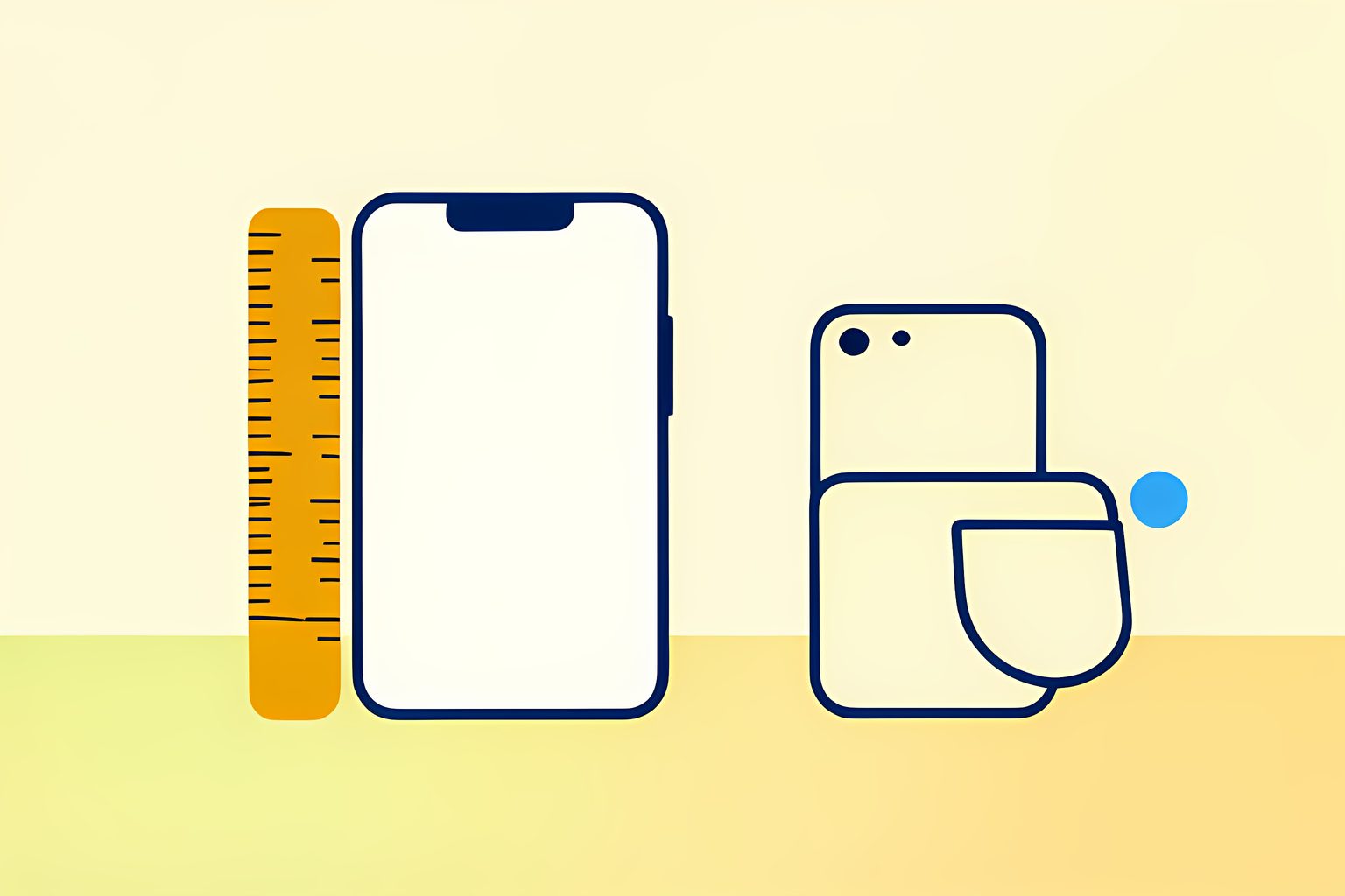 A warm, text-free still life of a blank phone-sized paper rectangle, a plain ruler, a small blank phone silhouette and a blue dot on a cream tabletop.