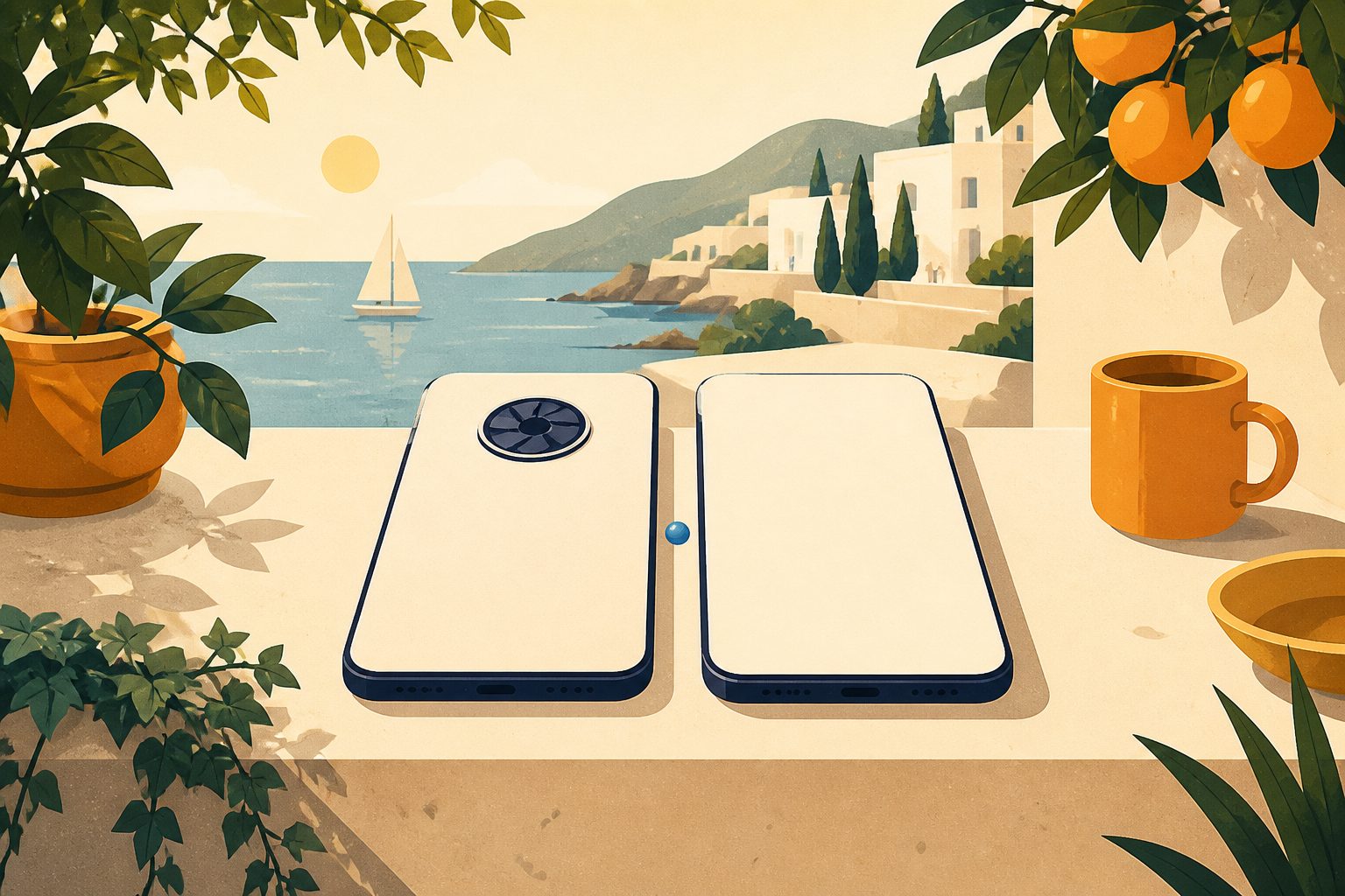 Two smartphone silhouettes side by side, the left one showing a visible circular camera lens and the right one showing a smooth blank surface, separated by a thin vertical line.