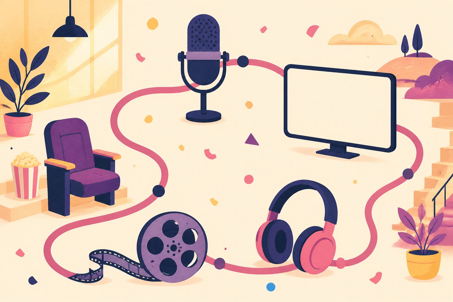 A bright flat diagram-like scene of a plain microphone, blank screen, headphones, small theater seat, and empty film reel connected by a looping sunny path, with a round blue dot and no people or text.