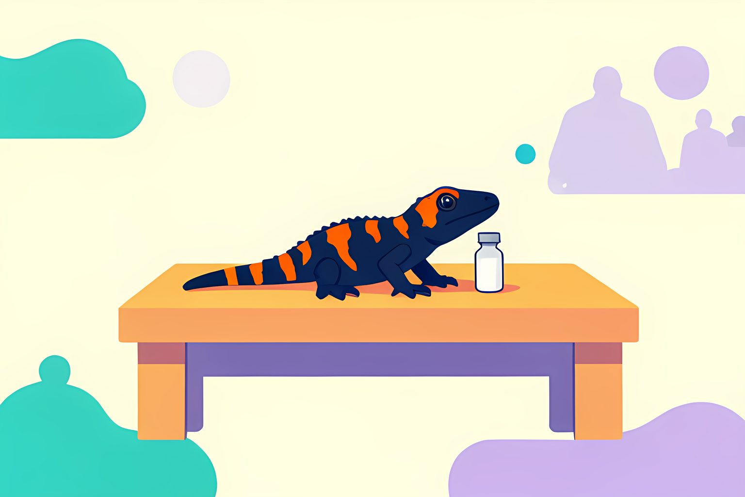 A small stylized Gila monster lizard resting beside a tiny glass vial on a warm table in soft side light, teal and soft violet, no text or people.