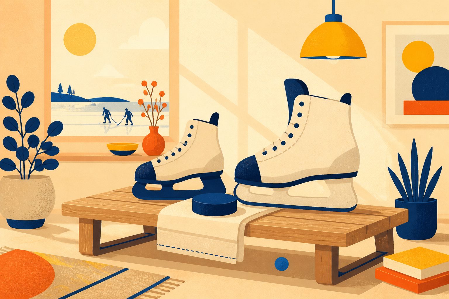 Flat editorial still-life on warm cream in warm-orange and golden-yellow light showing two stylized blank hockey skates side by side on a low wooden bench, one slightly smaller with an ink-navy blade runner, and a tiny round blue dot tucked under the bench.