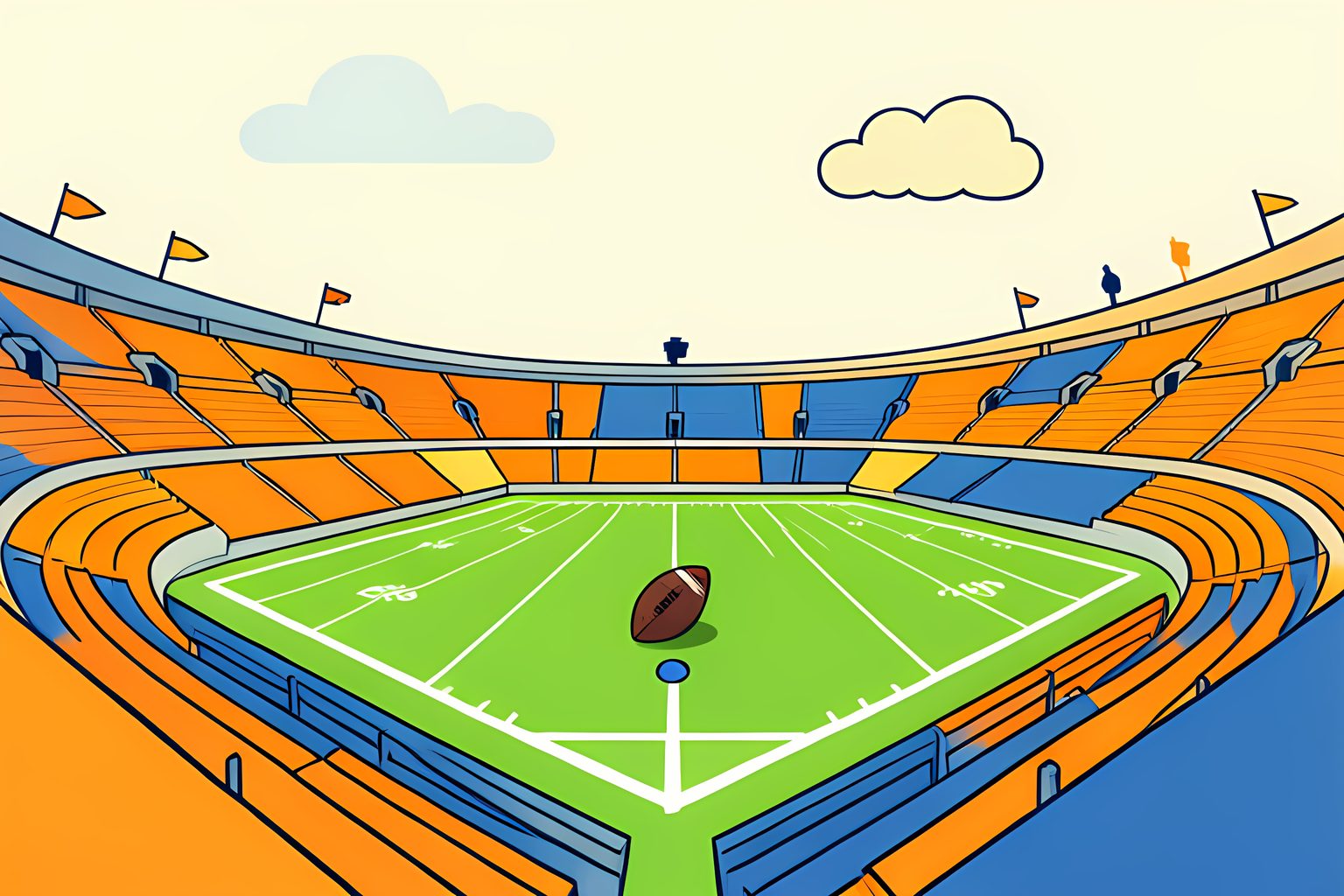 A sunny college football stadium seen from high above the stands, with a single football resting on the bright green field near the goal line and a small trophy-shaped cloud drifting overhead.