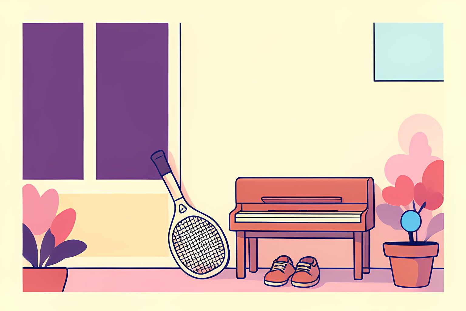 A sunlit, person-free porch with a child-size tennis racquet leaning beside a small piano bench and a pair of baby shoes.